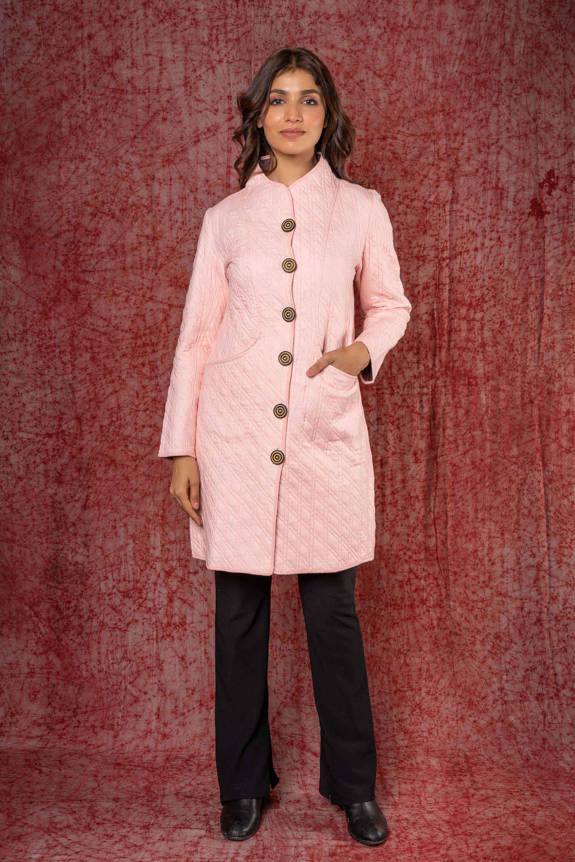 Pink Plain Quilted Winter Coat