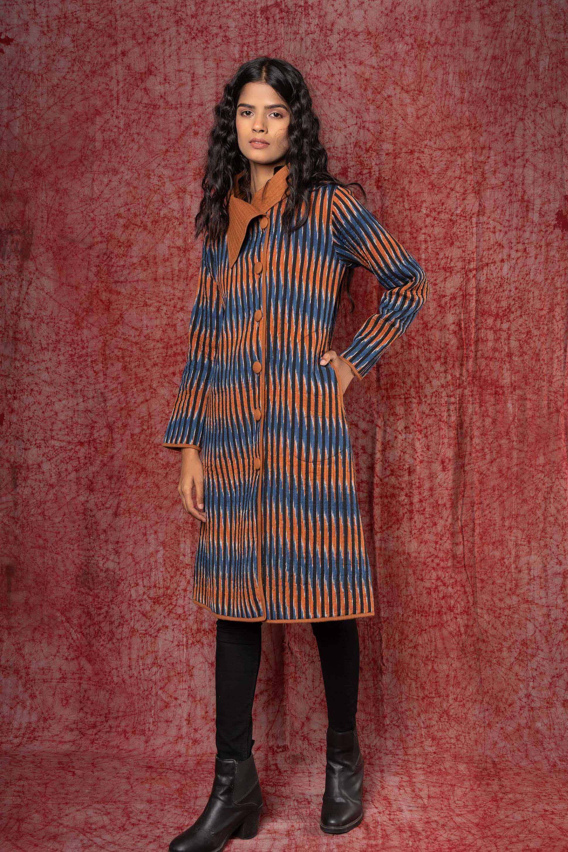 Blue Brown Ikat Quilted Bukhara Coat
