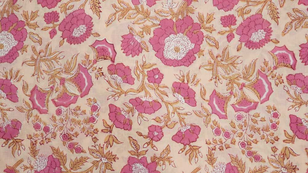 Peach And Pink Floral Block Print Cotton Fabric