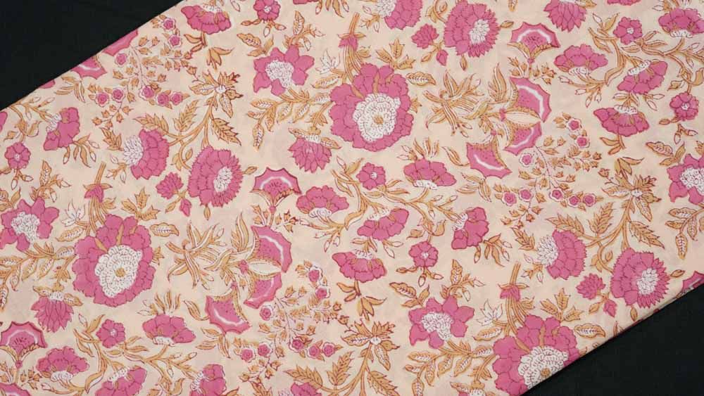 Peach And Pink Floral Block Print Cotton Fabric
