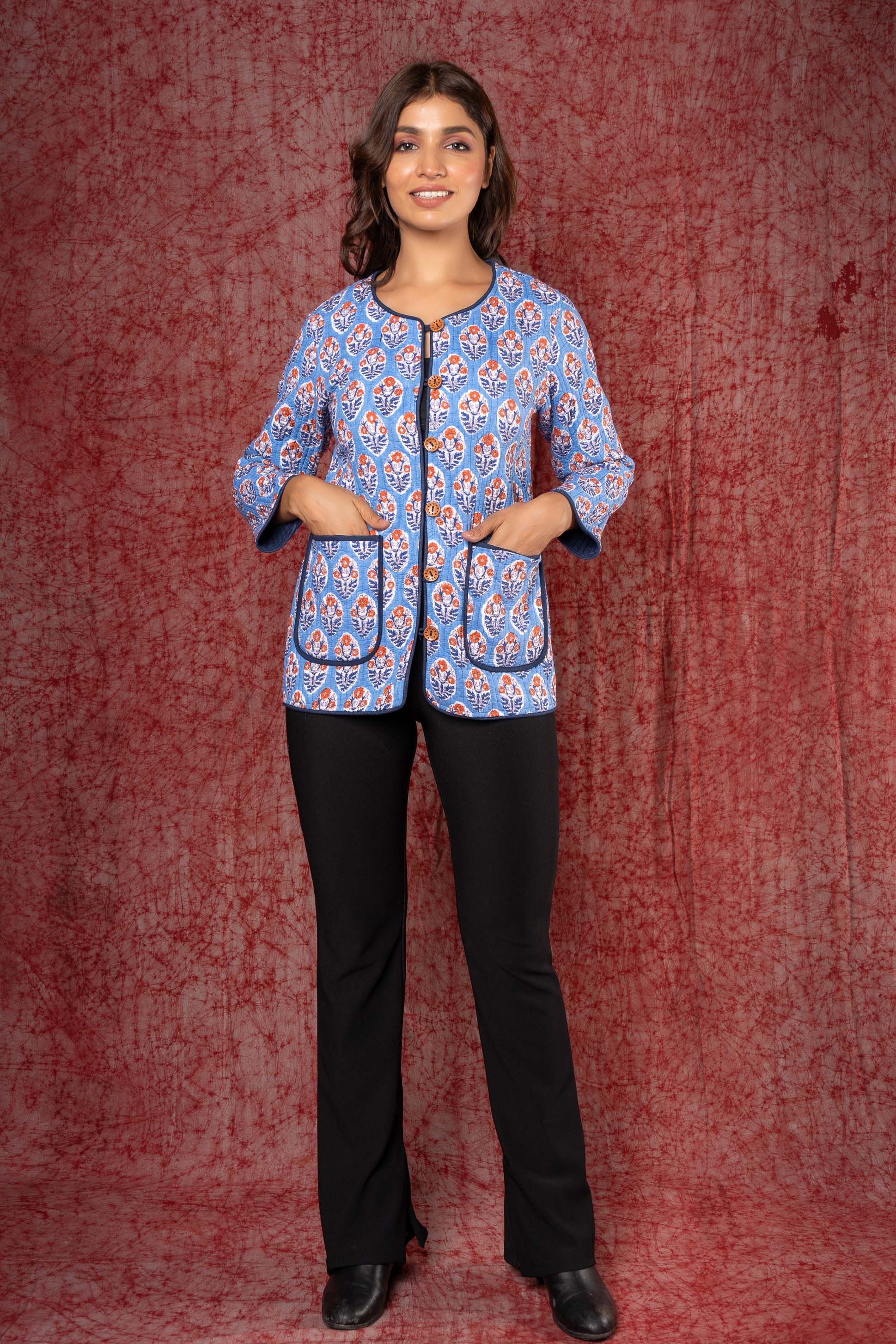 Blue Block Printed Quilted Reversible Jacket