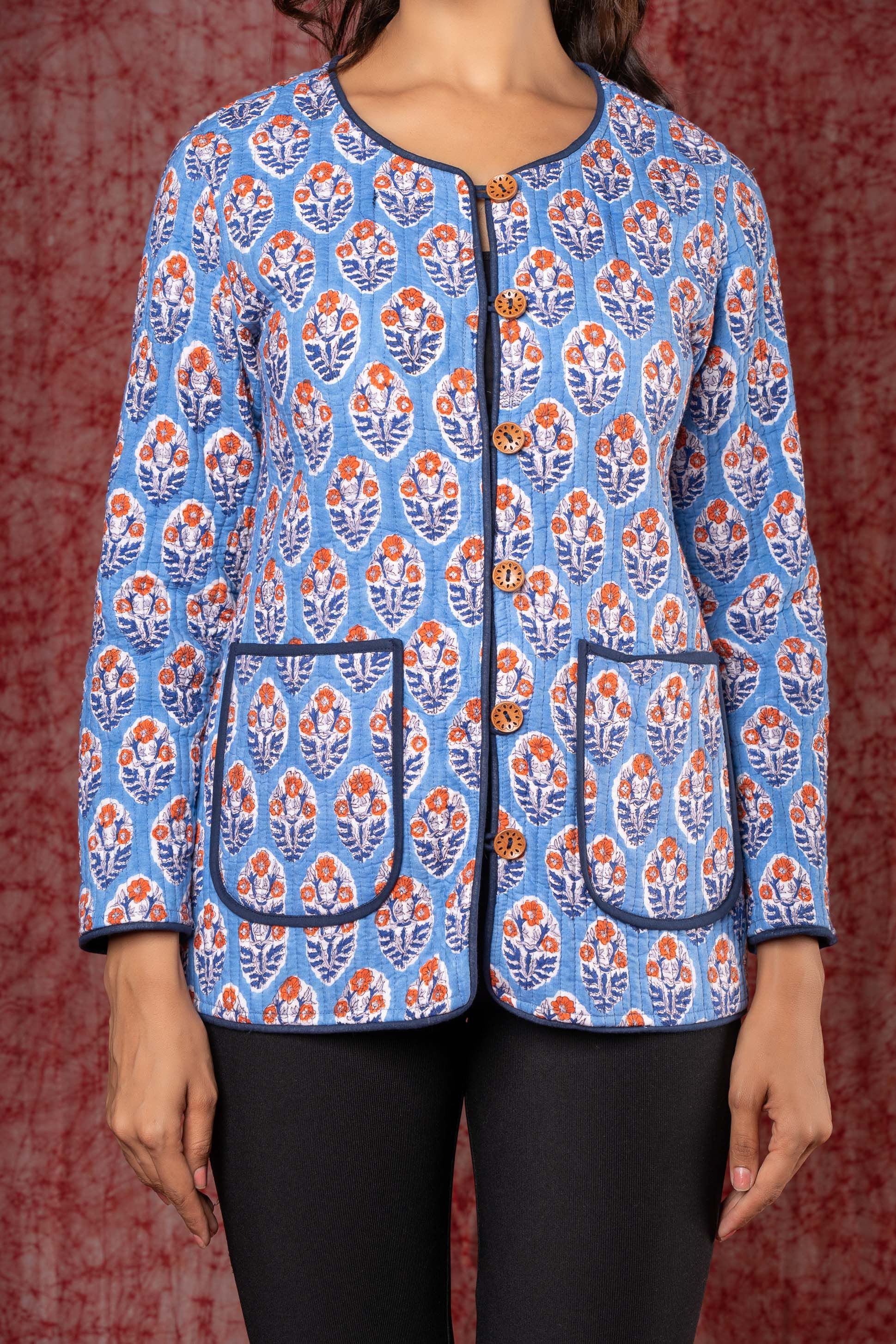 Blue Block Printed Quilted Reversible Jacket