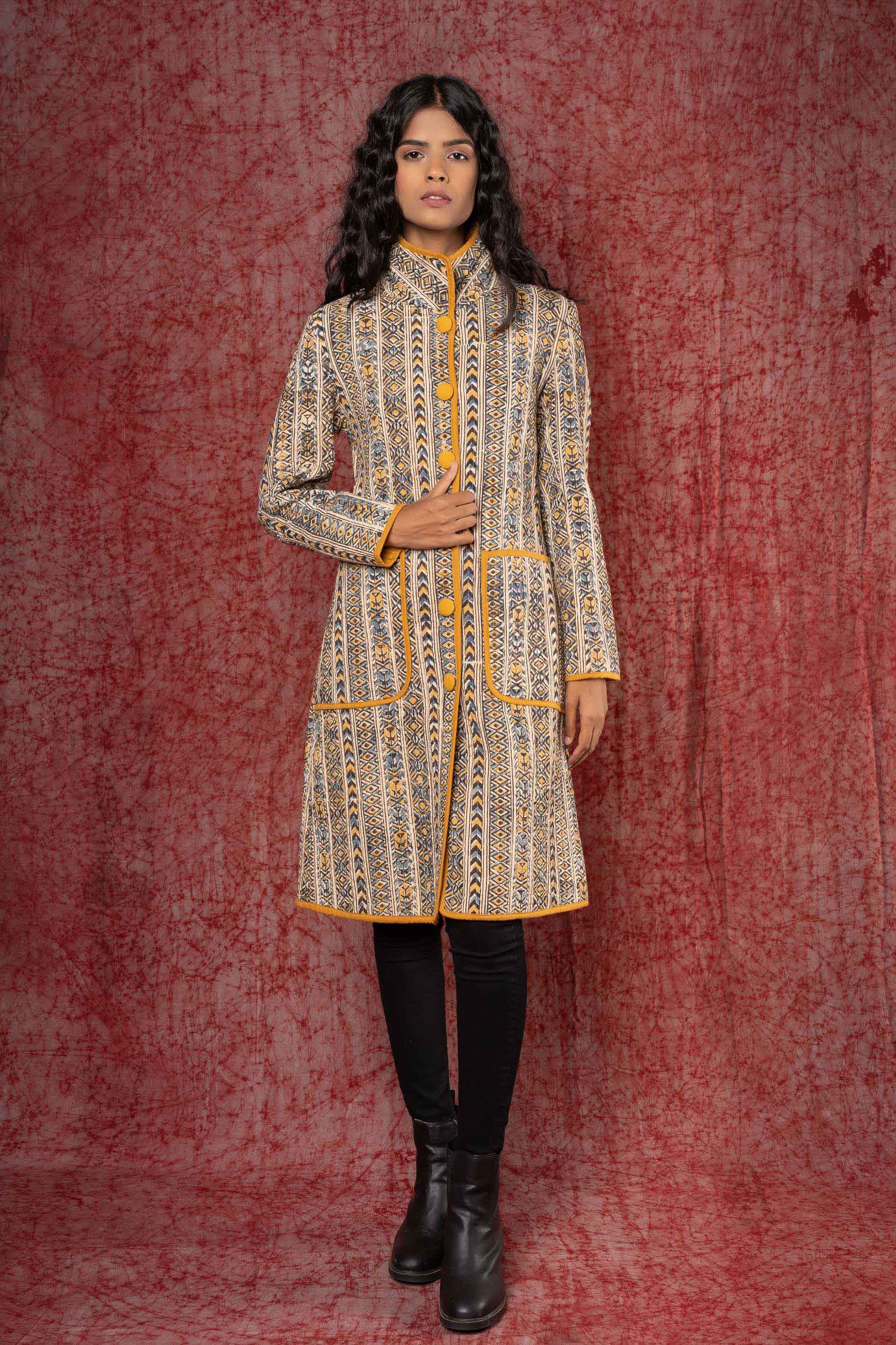 Mustard Kalamkari Block Printed Quilted Coat