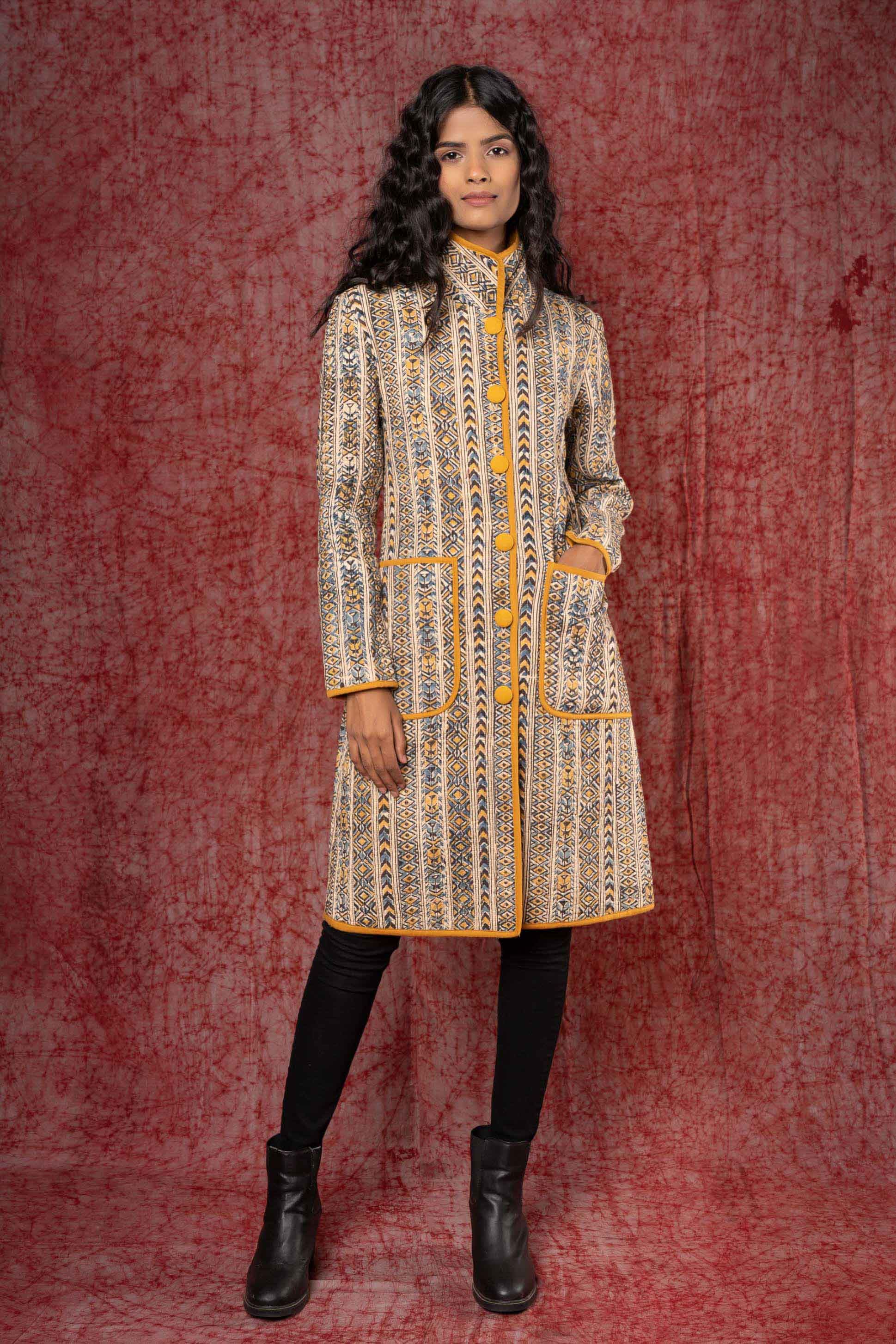 Mustard Kalamkari Block Printed Quilted Coat