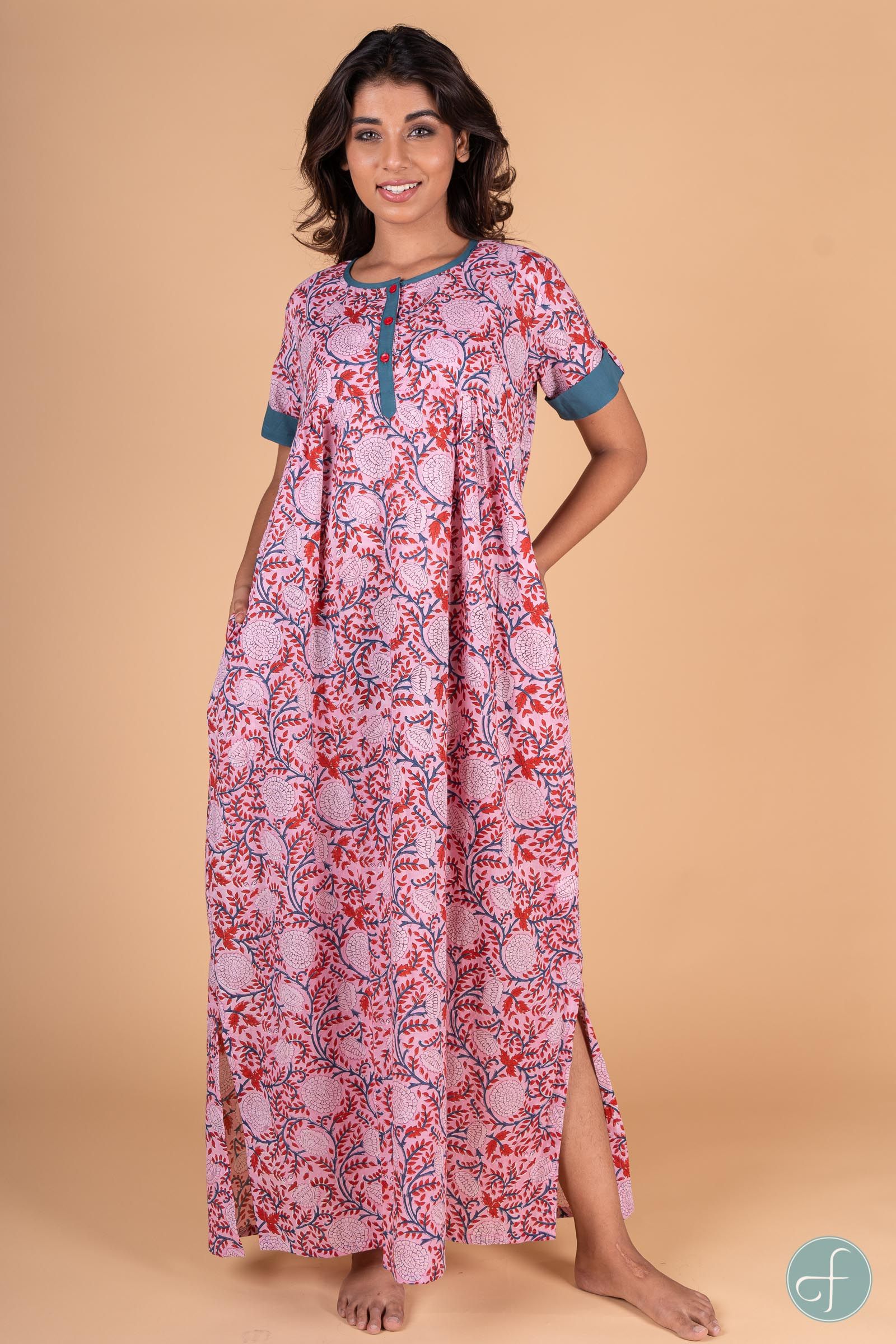 Pink Red Floral Block Print Night Gown
