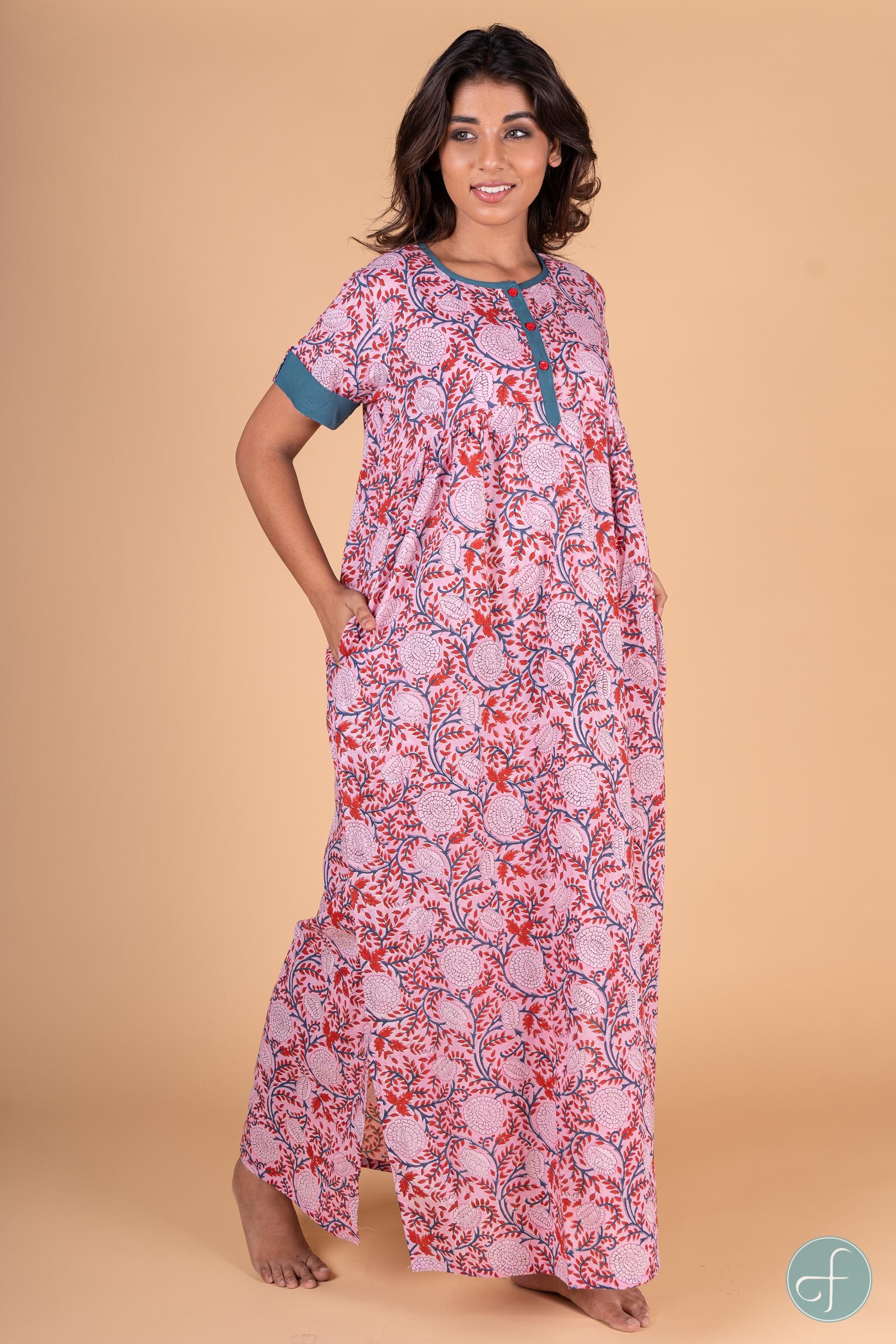Pink Red Floral Block Print Night Gown