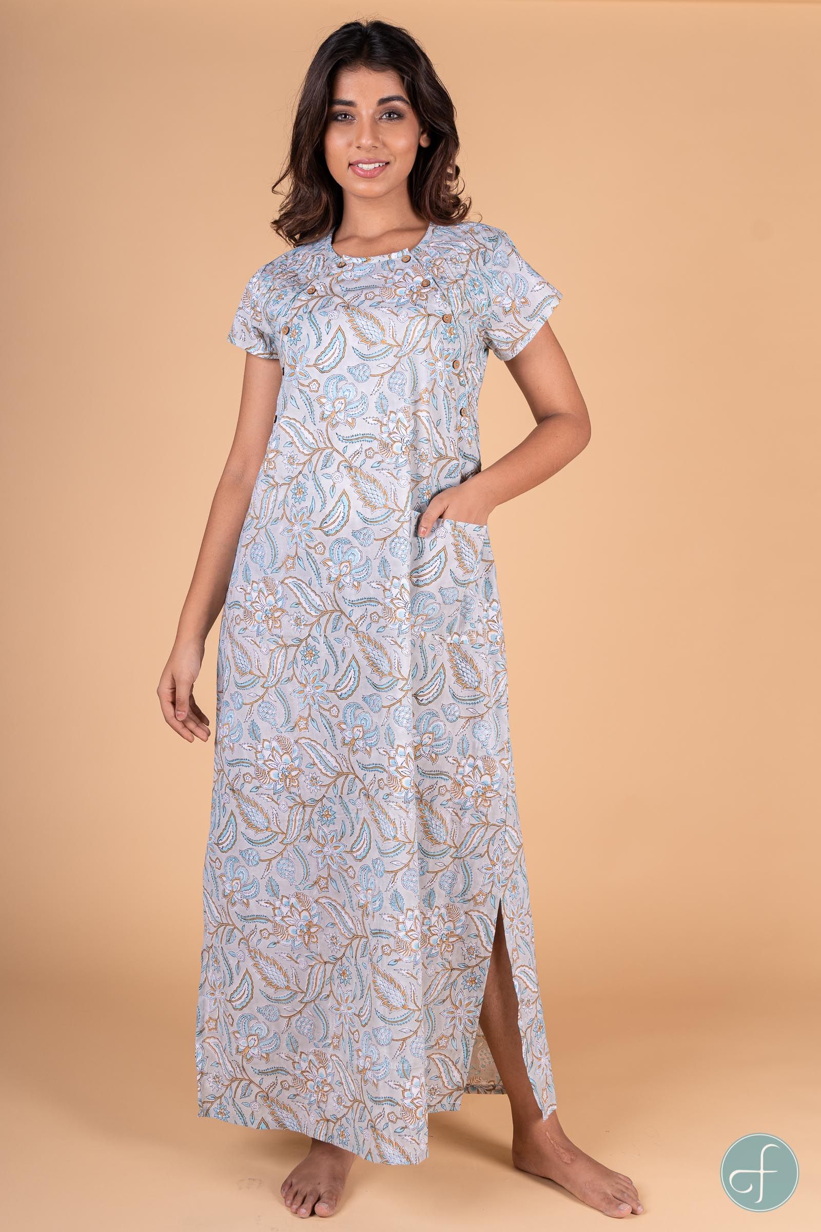 Blue Grey Block Print Maxi Gown