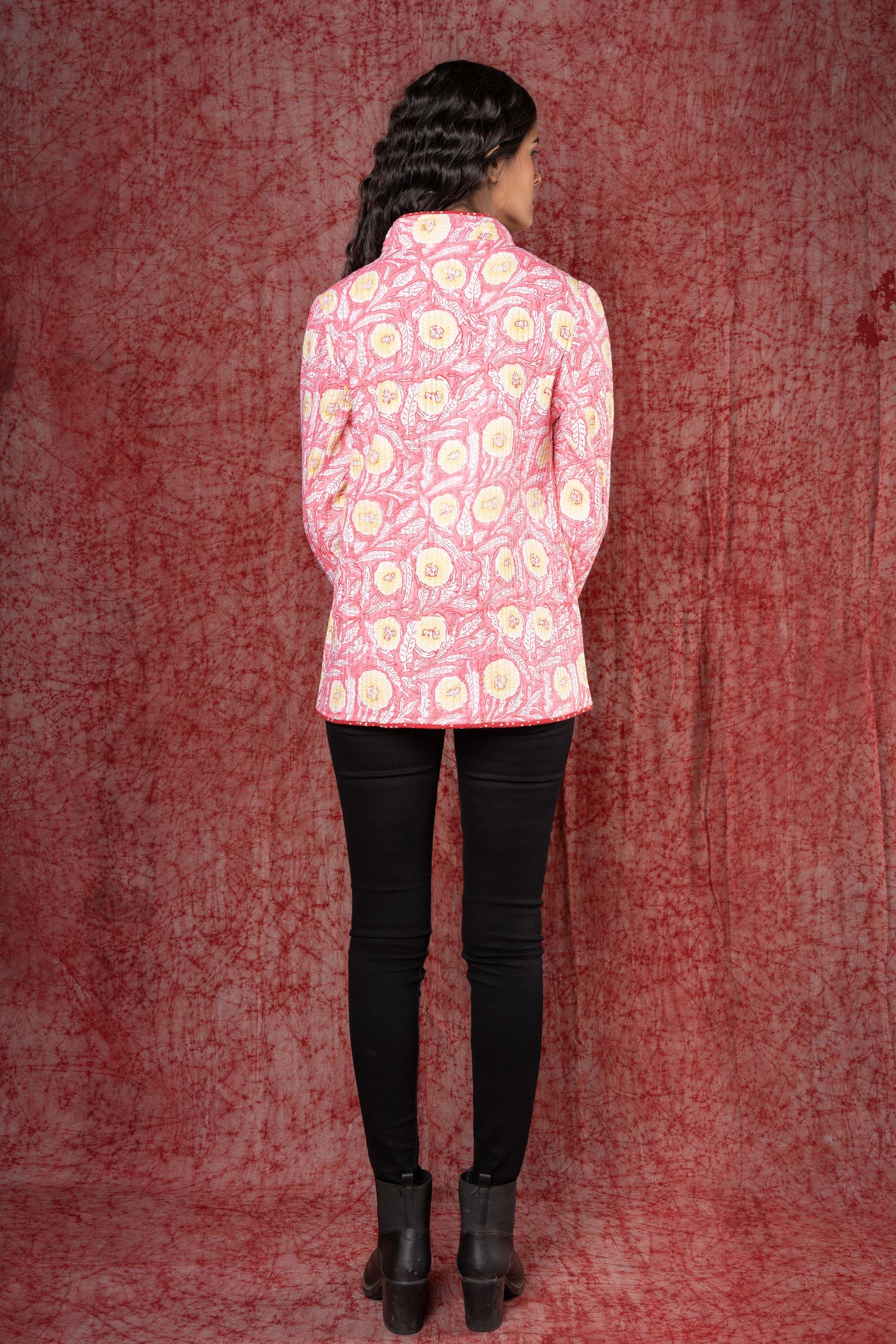 Pink Quilted Reversible Block Printed Jacket