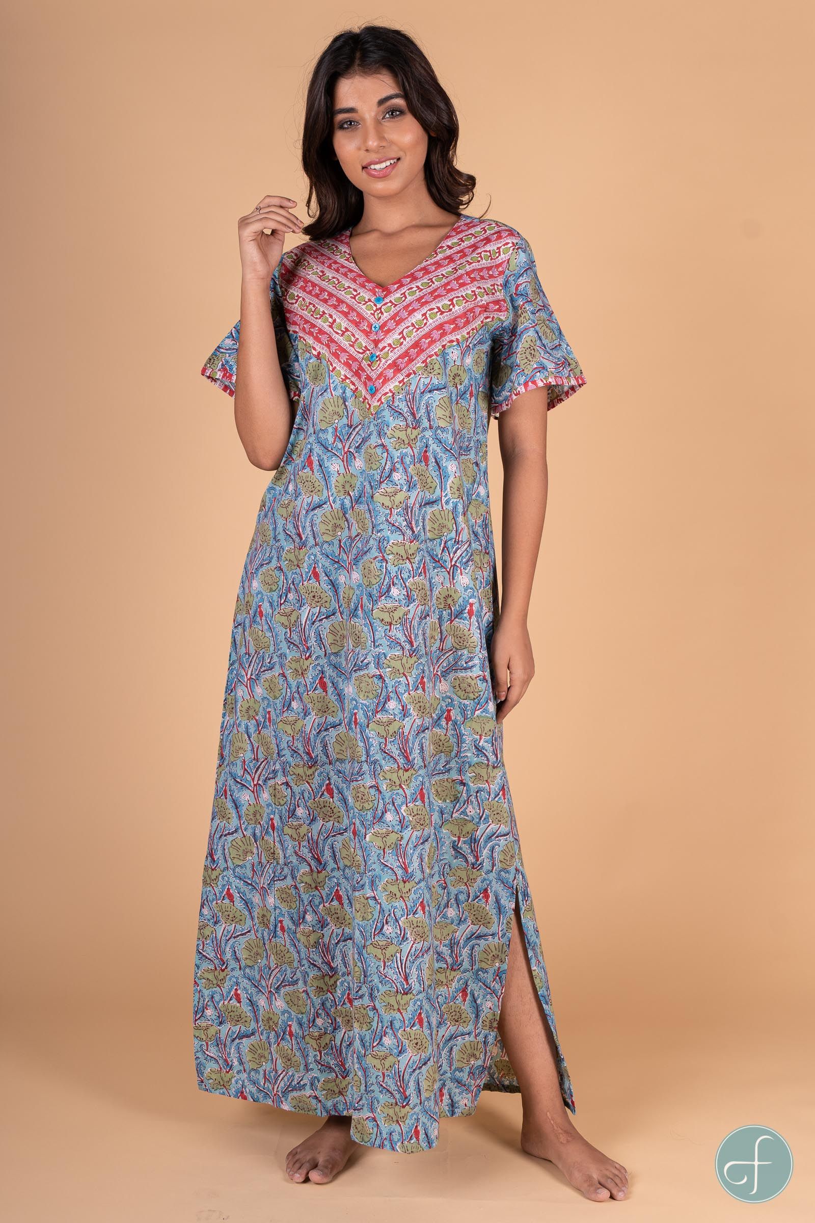 Blue Red Floral Block Print Night Gown