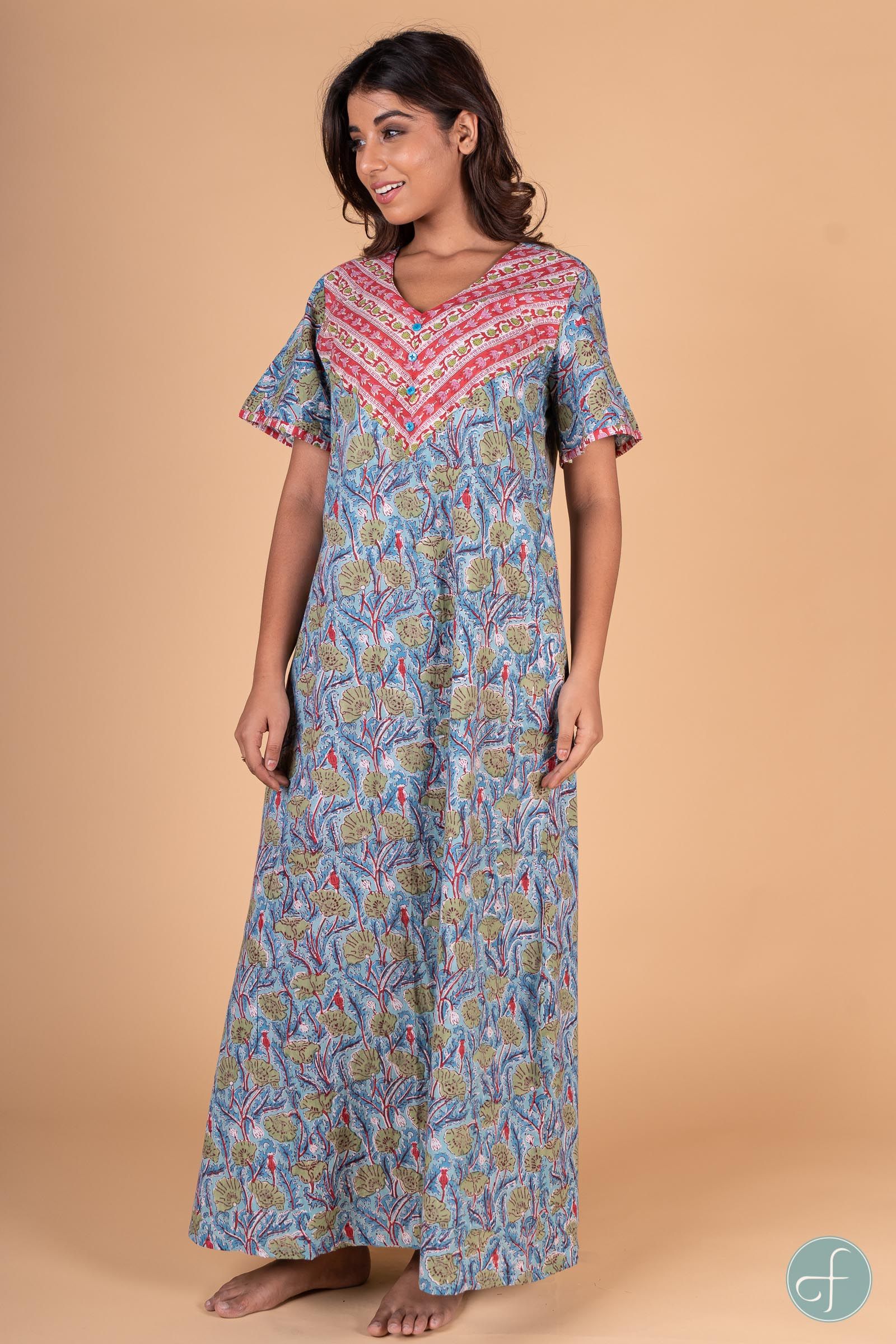 Blue Red Floral Block Print Night Gown