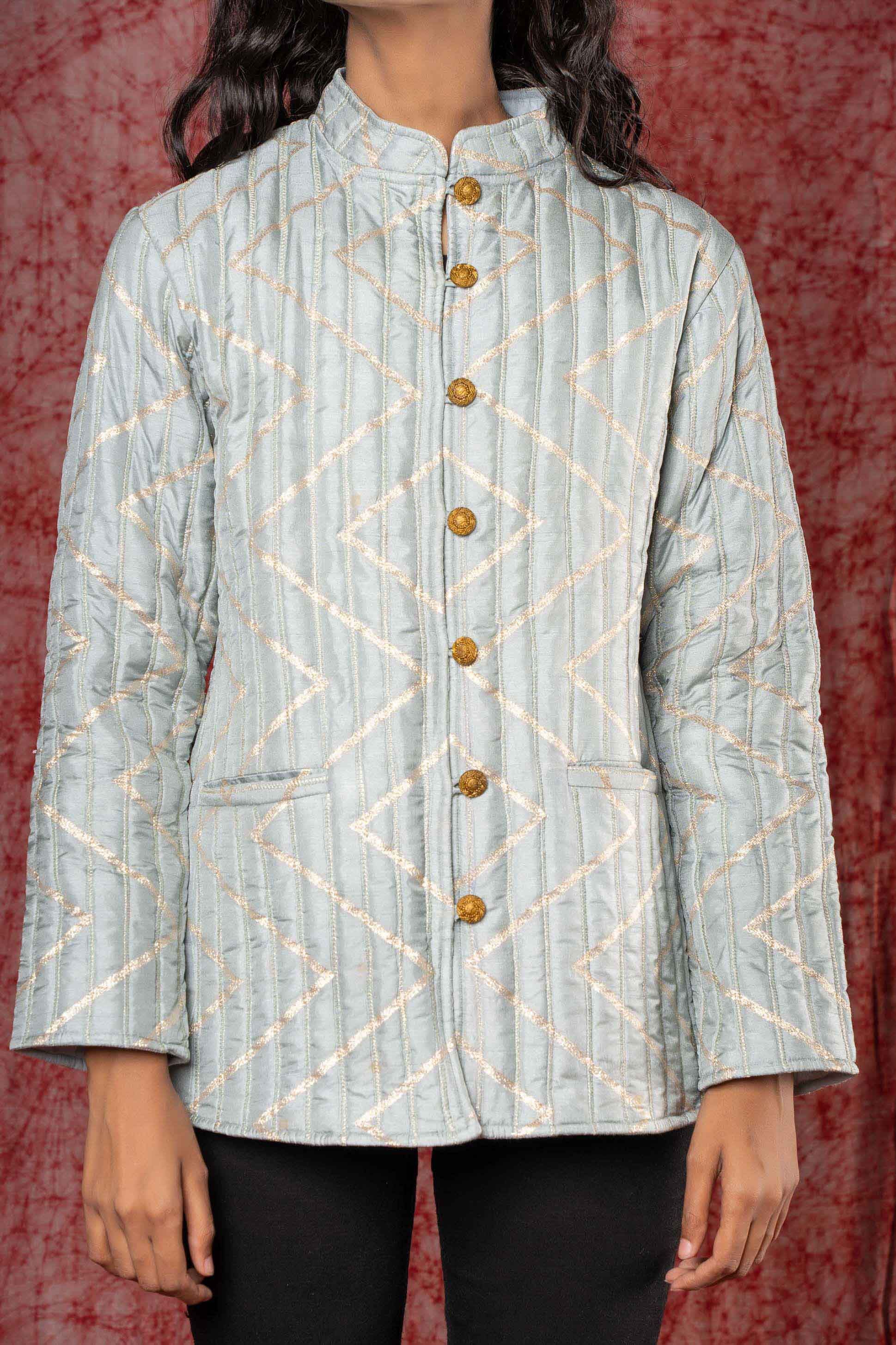 Grey Zari Dola Silk Quilted Jacket