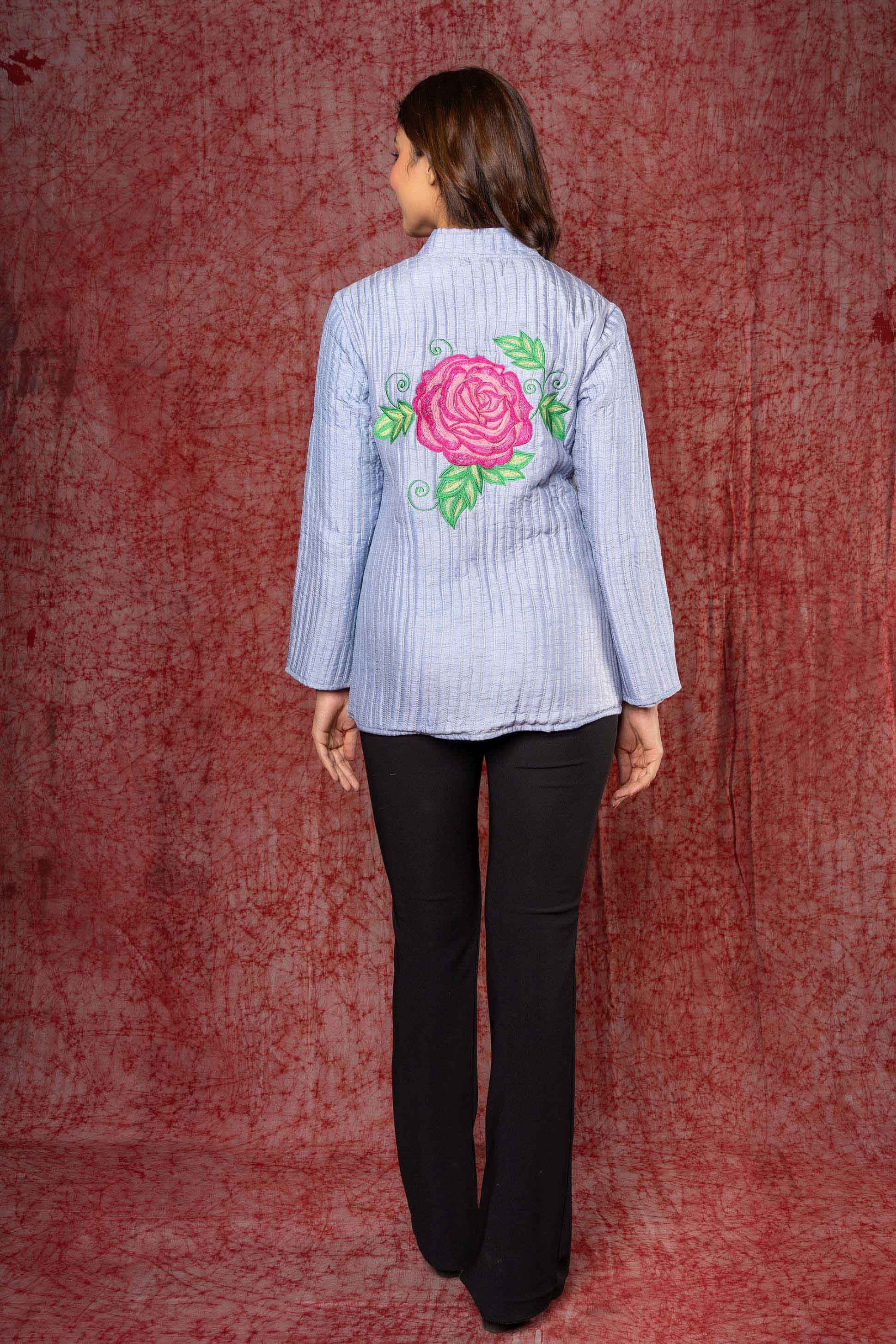 Blue Embroidered Dola Silk Quilted Jacket