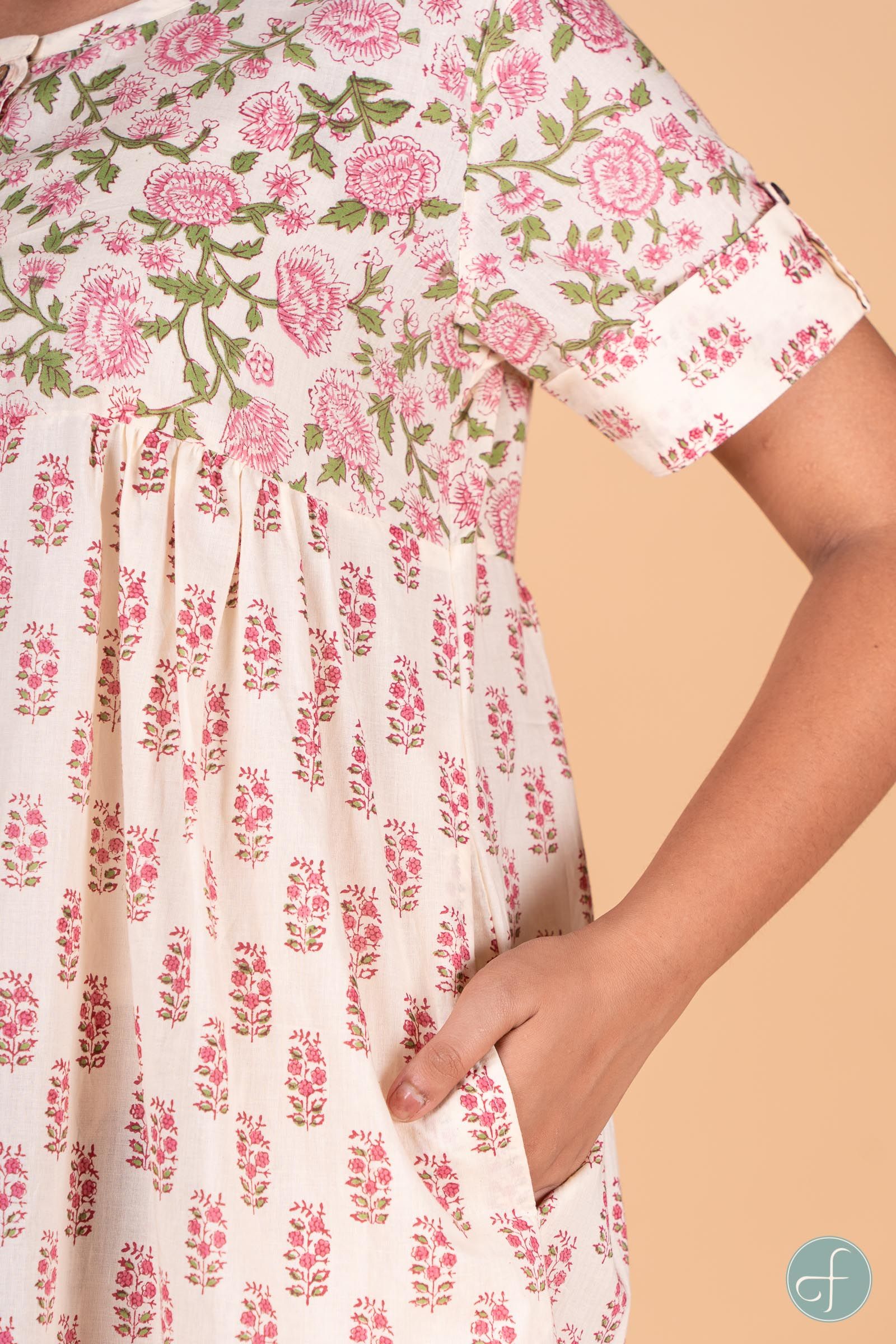 Pink And Cream Floral Block Print Night Gown