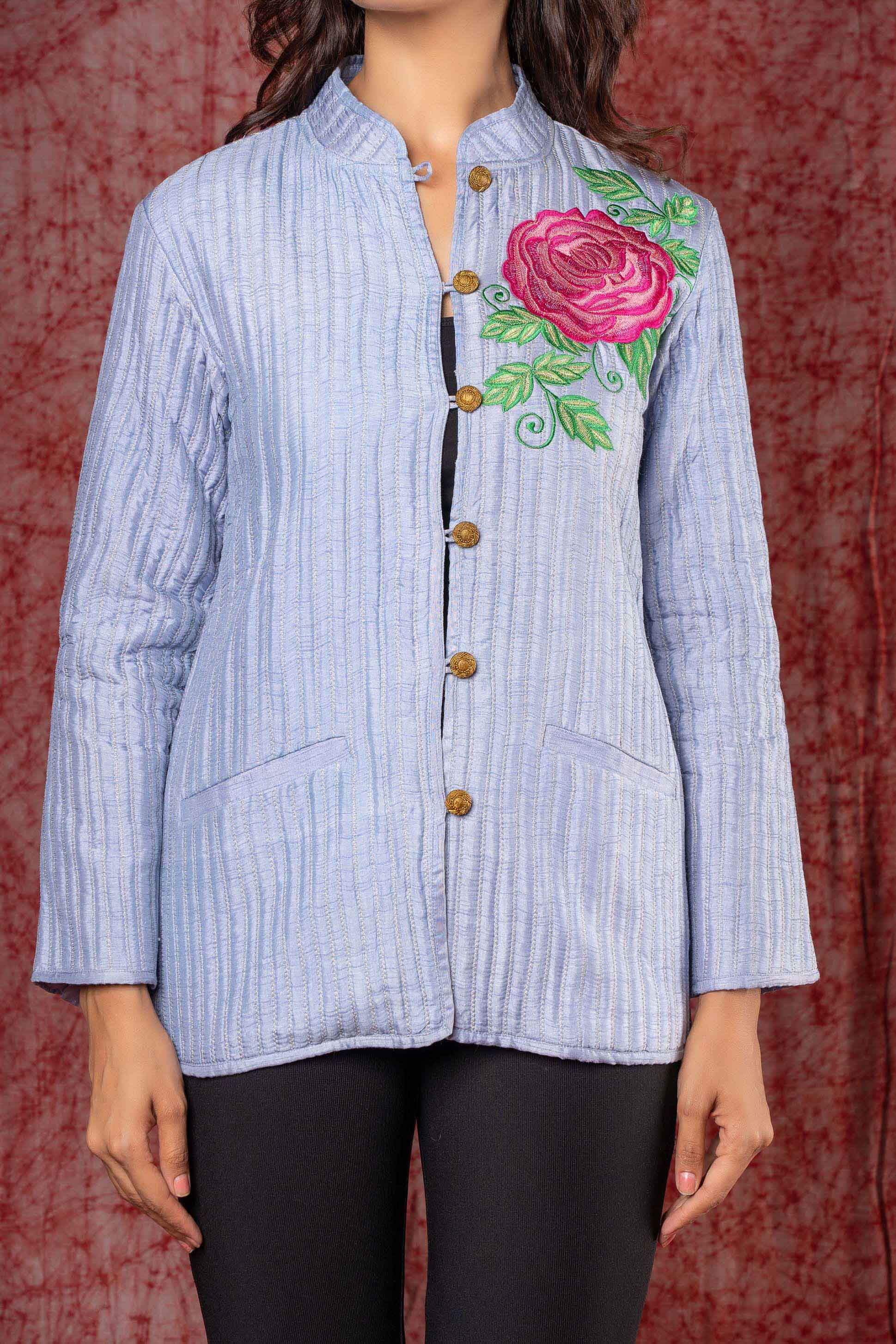 Blue Embroidered Dola Silk Quilted Jacket