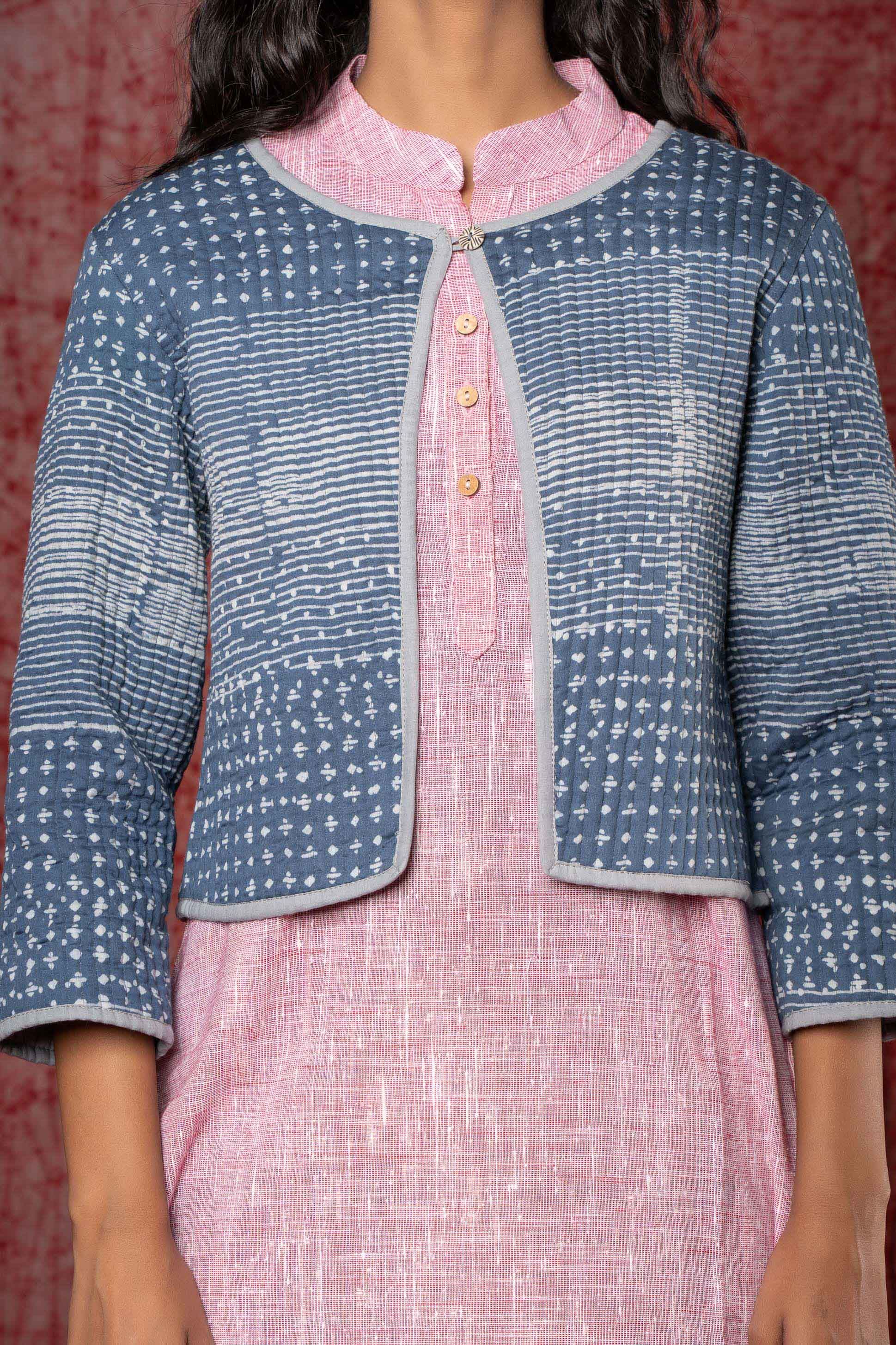 Bluish Grey Block Printed Quilted Short Jacket
