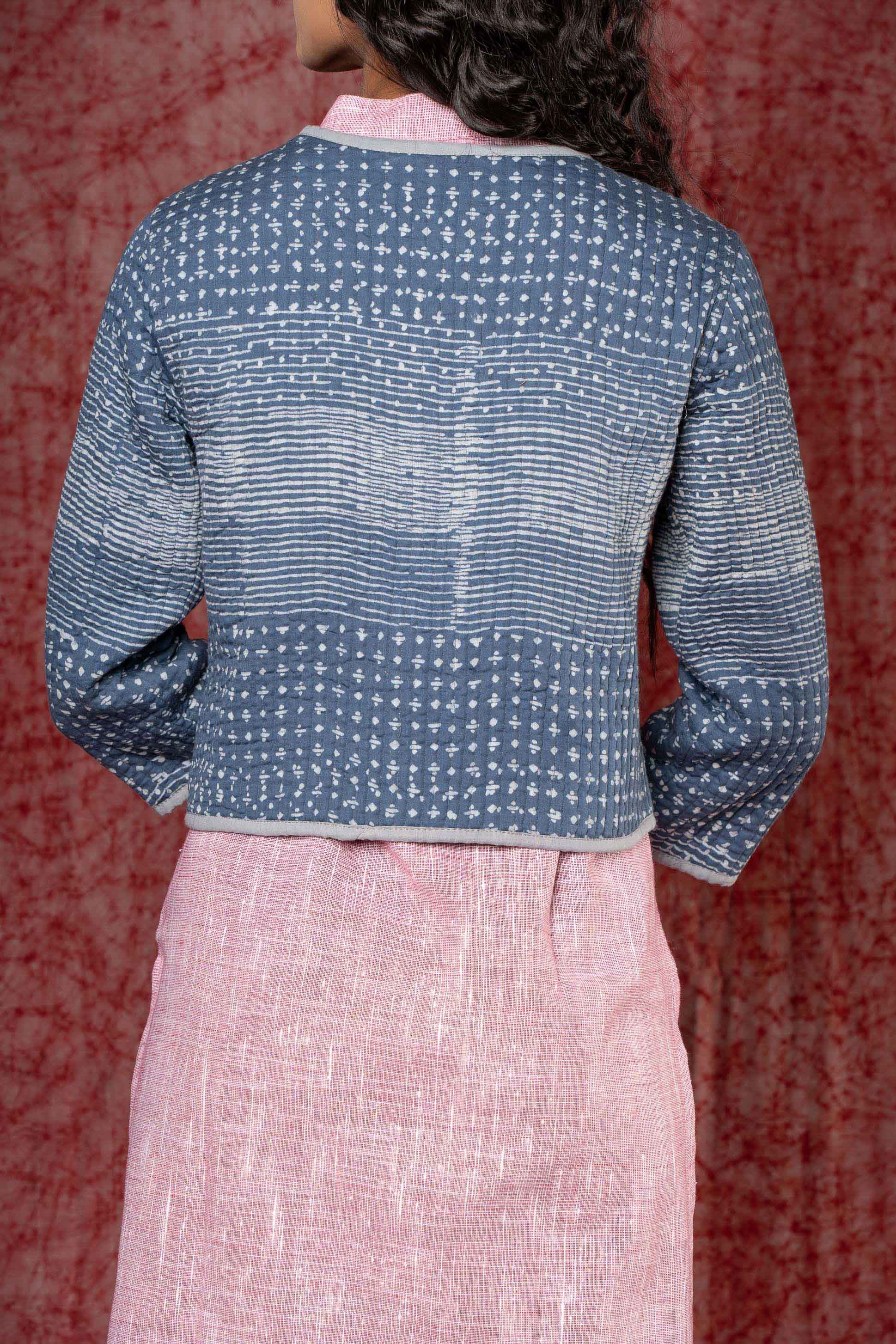 Bluish Grey Block Printed Quilted Short Jacket