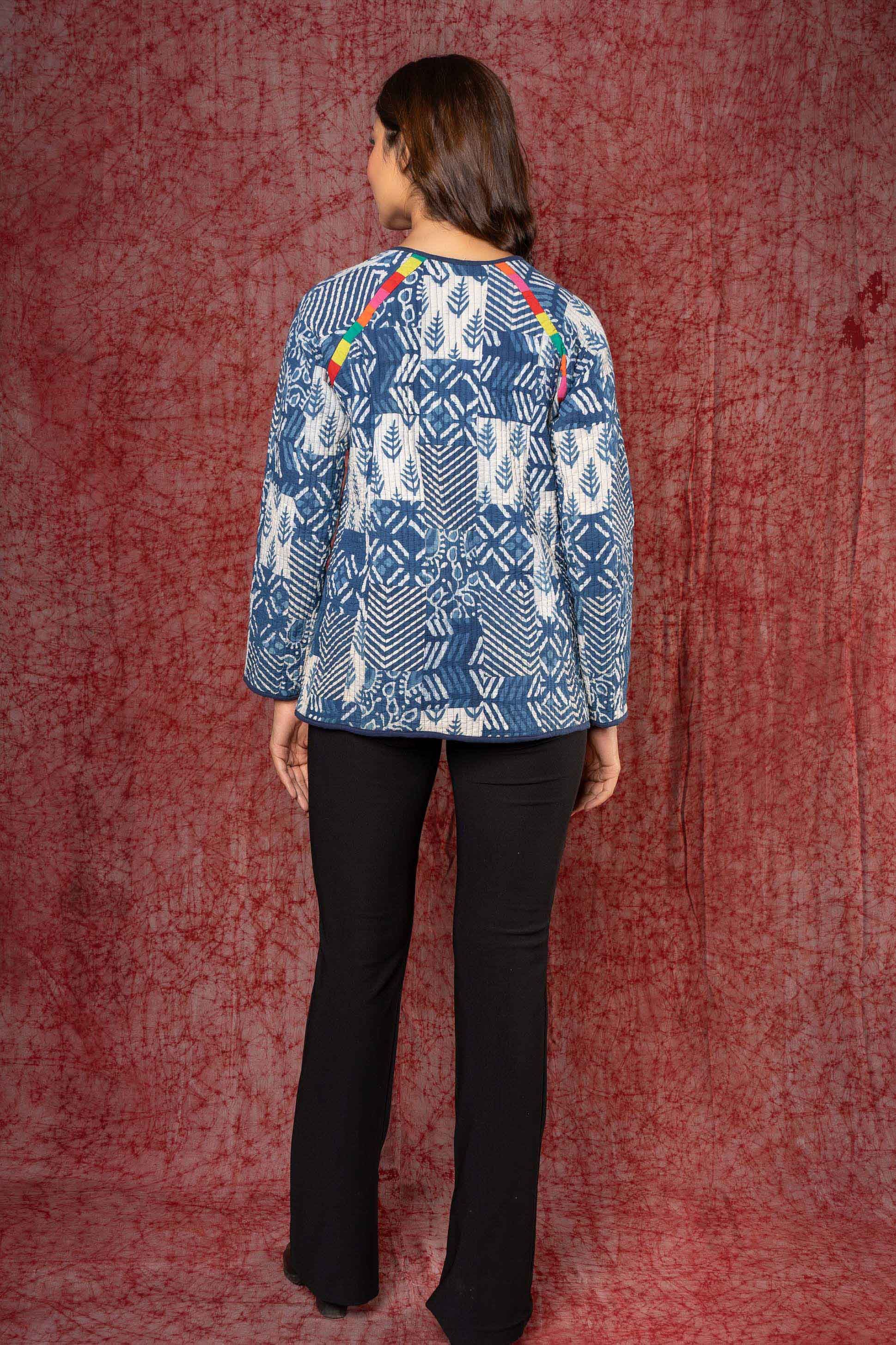Indigo Patch Work Block Printed Quilted Sweater