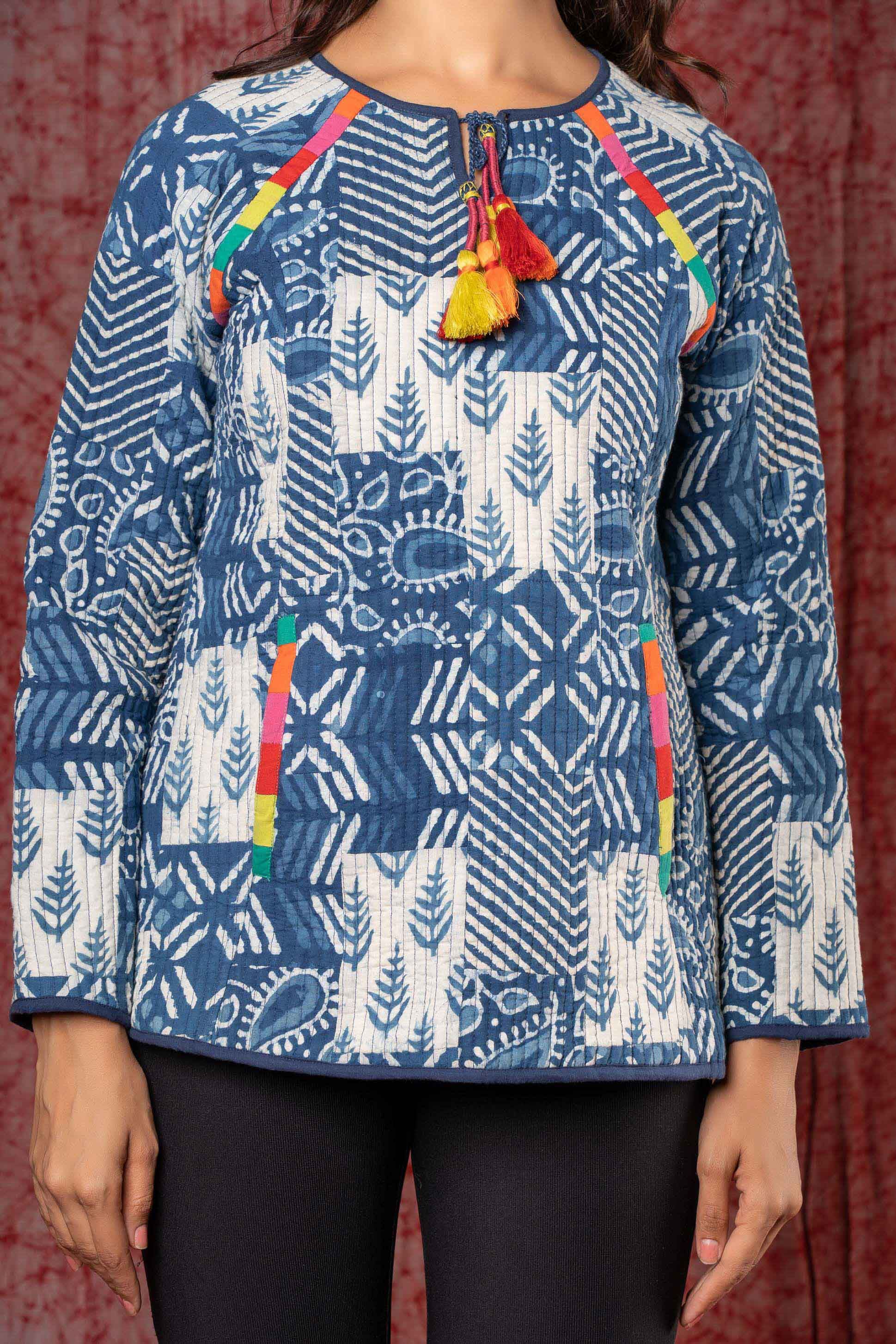 Indigo Patch Work Block Printed Quilted Sweater