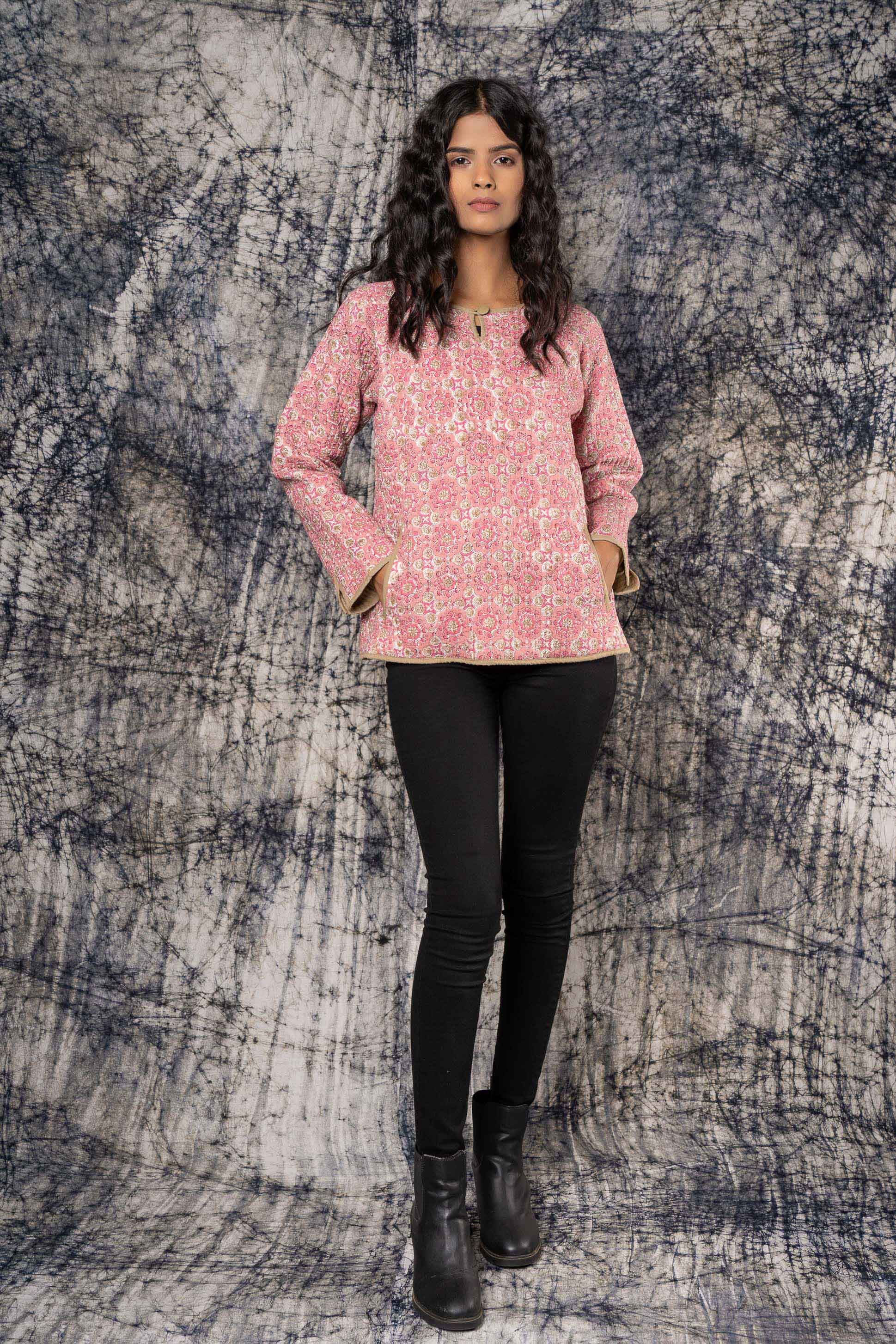 Pink Brown Block Printed Quilted Sweater
