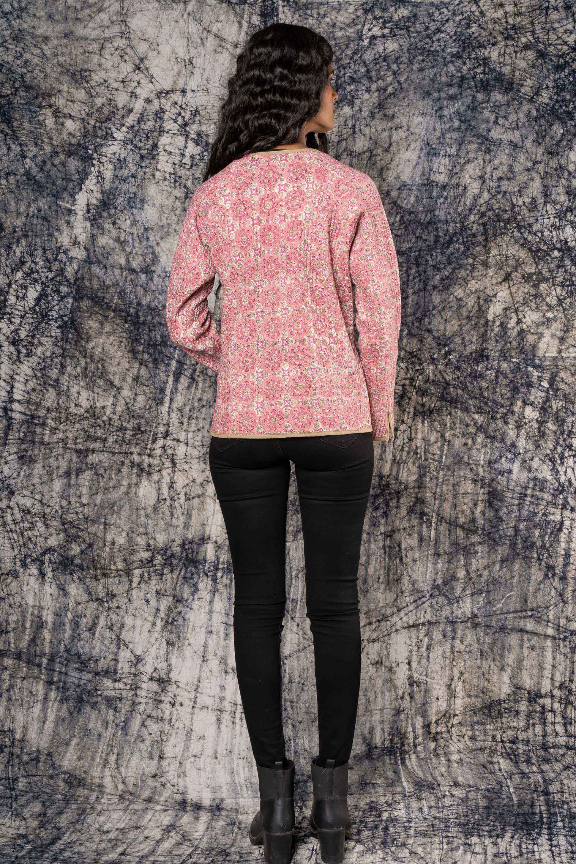 Pink Brown Block Printed Quilted Sweater