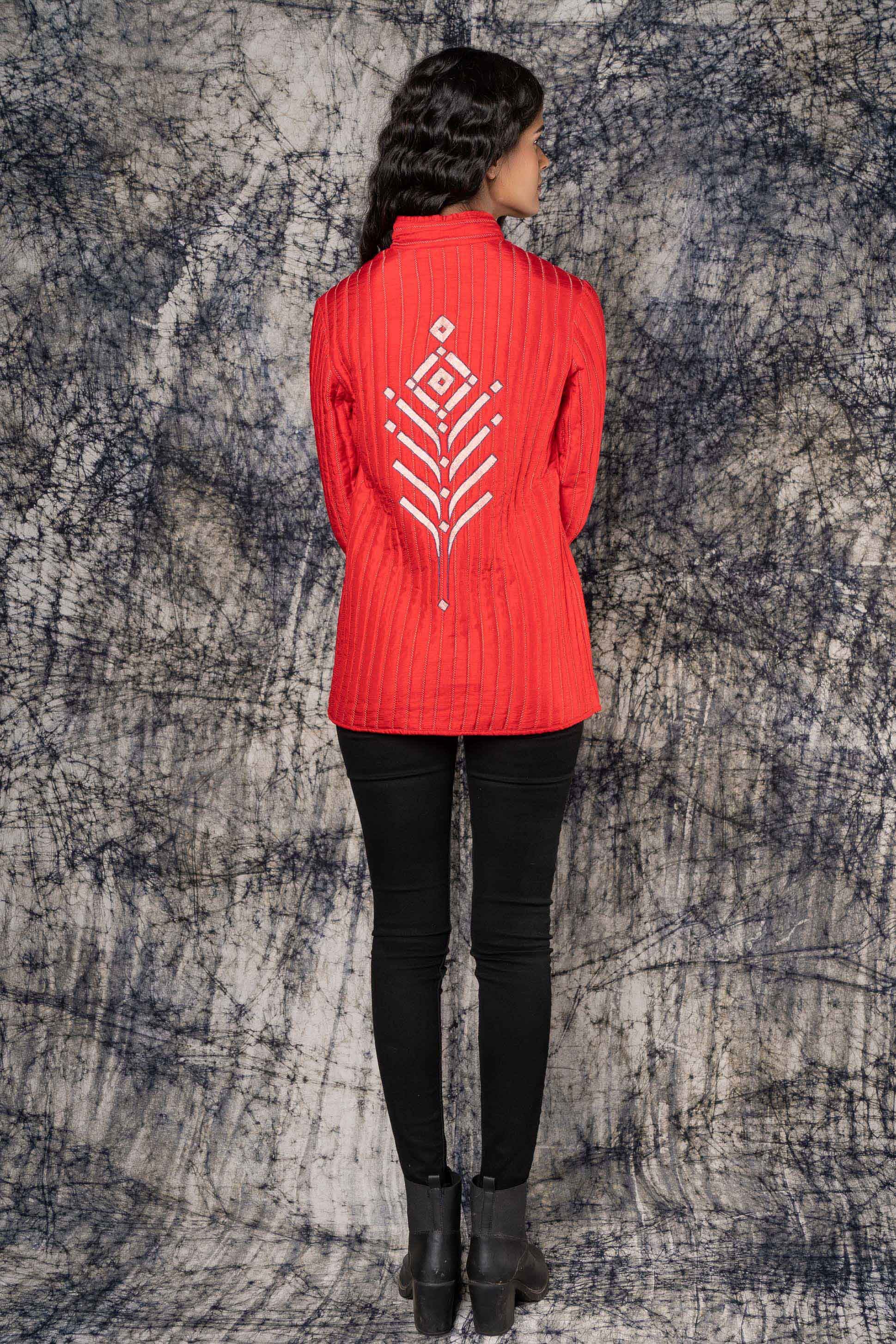Red Embroidered Dola Silk Quilted Jacket