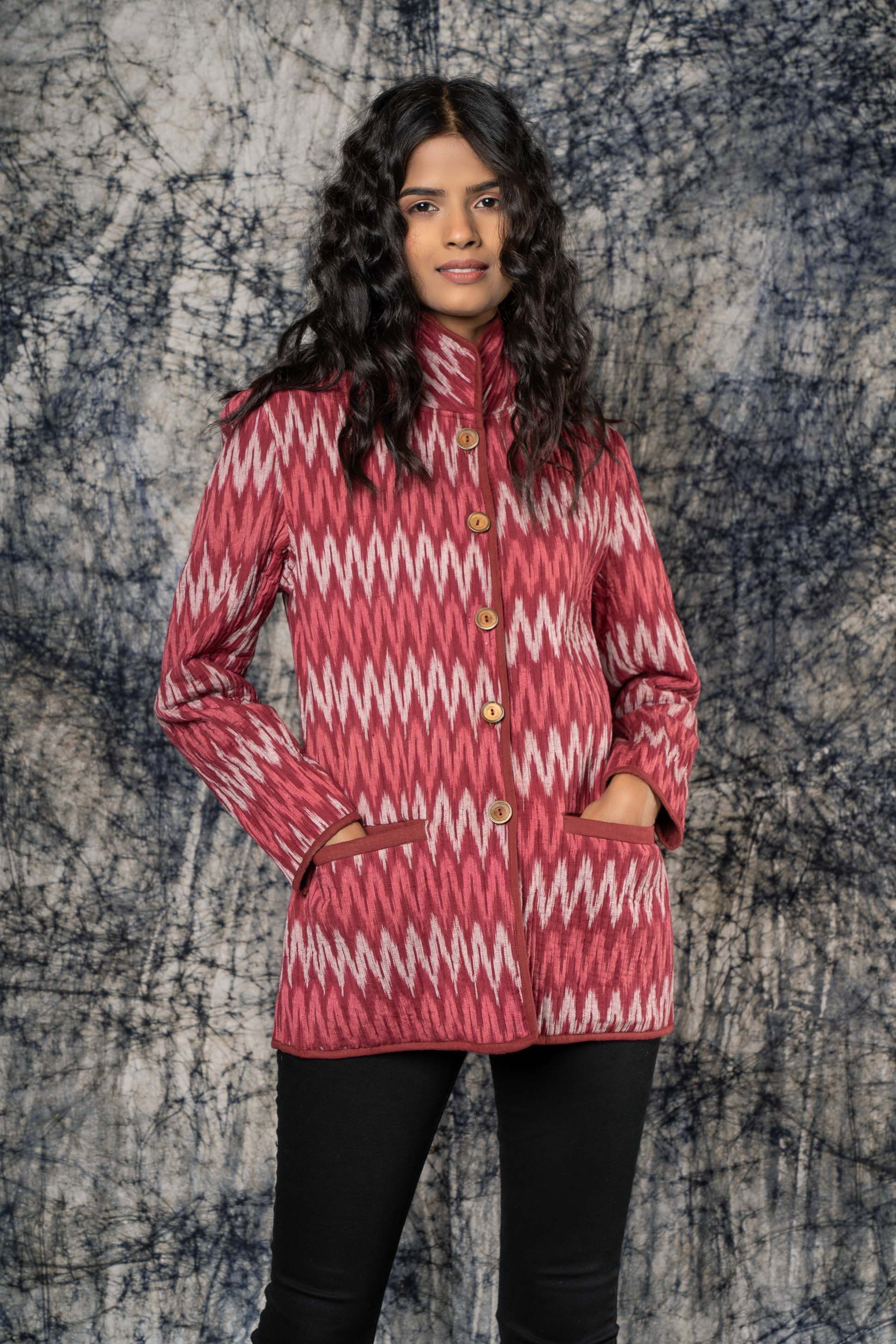 Pink Ikat High Collar Quilted Jacket