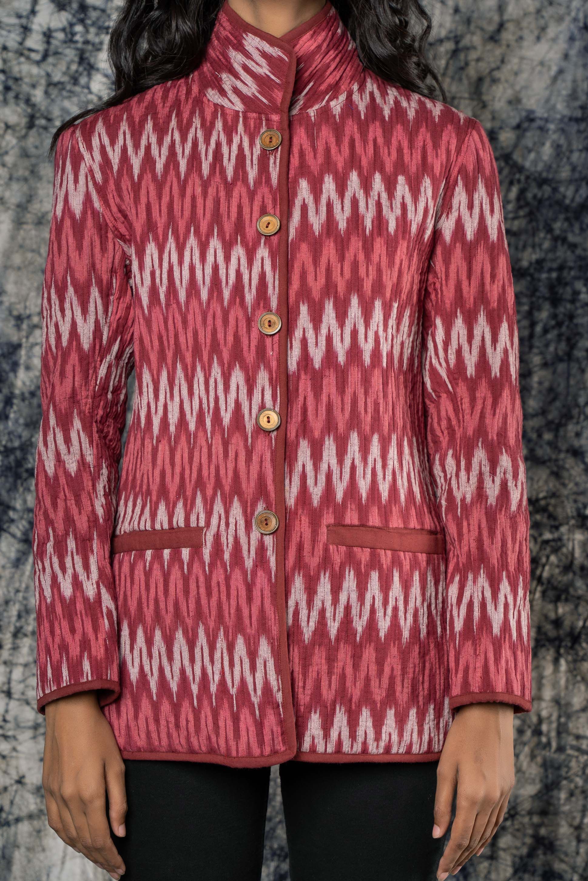Pink Ikat High Collar Quilted Jacket