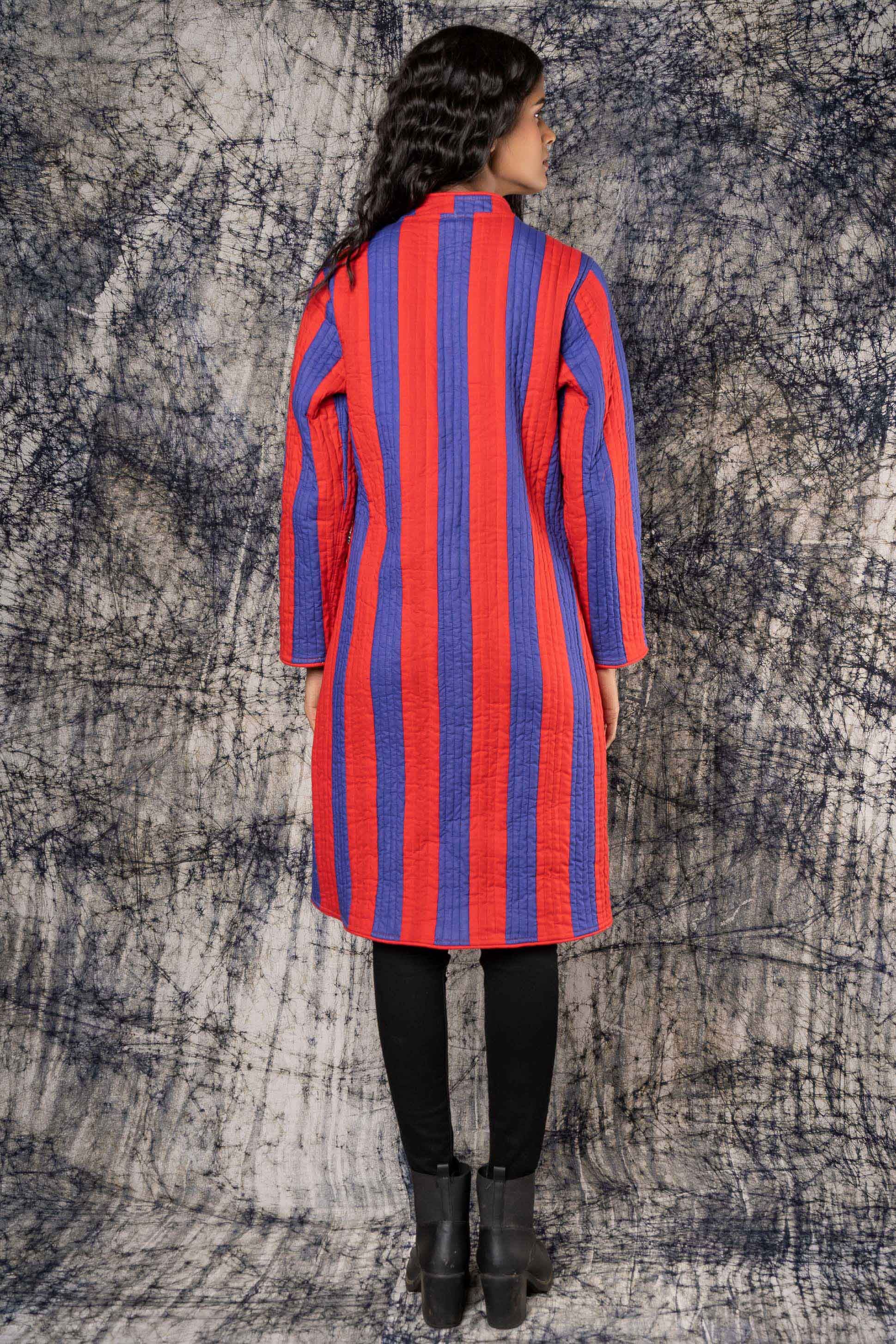 Blue Red Stripes Quilted Reversible Applique Coat