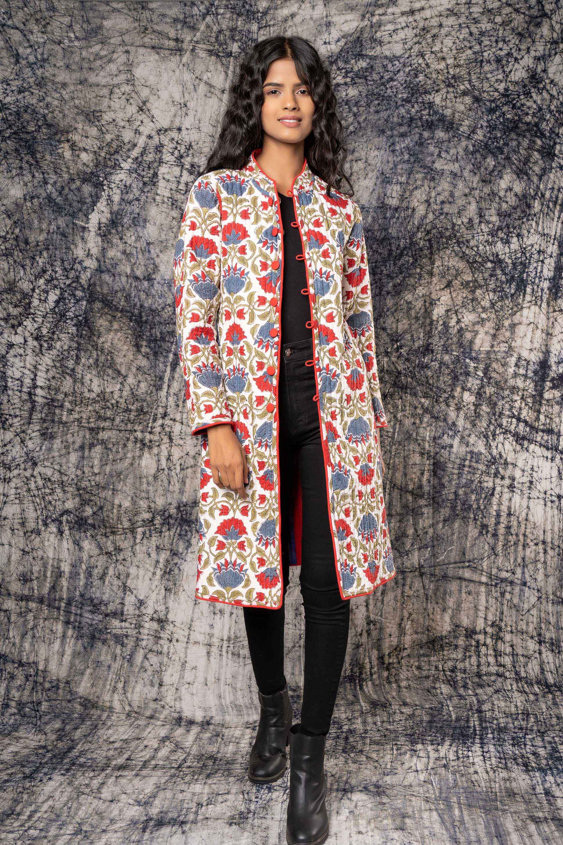 Blue Red Stripes Quilted Reversible Applique Coat