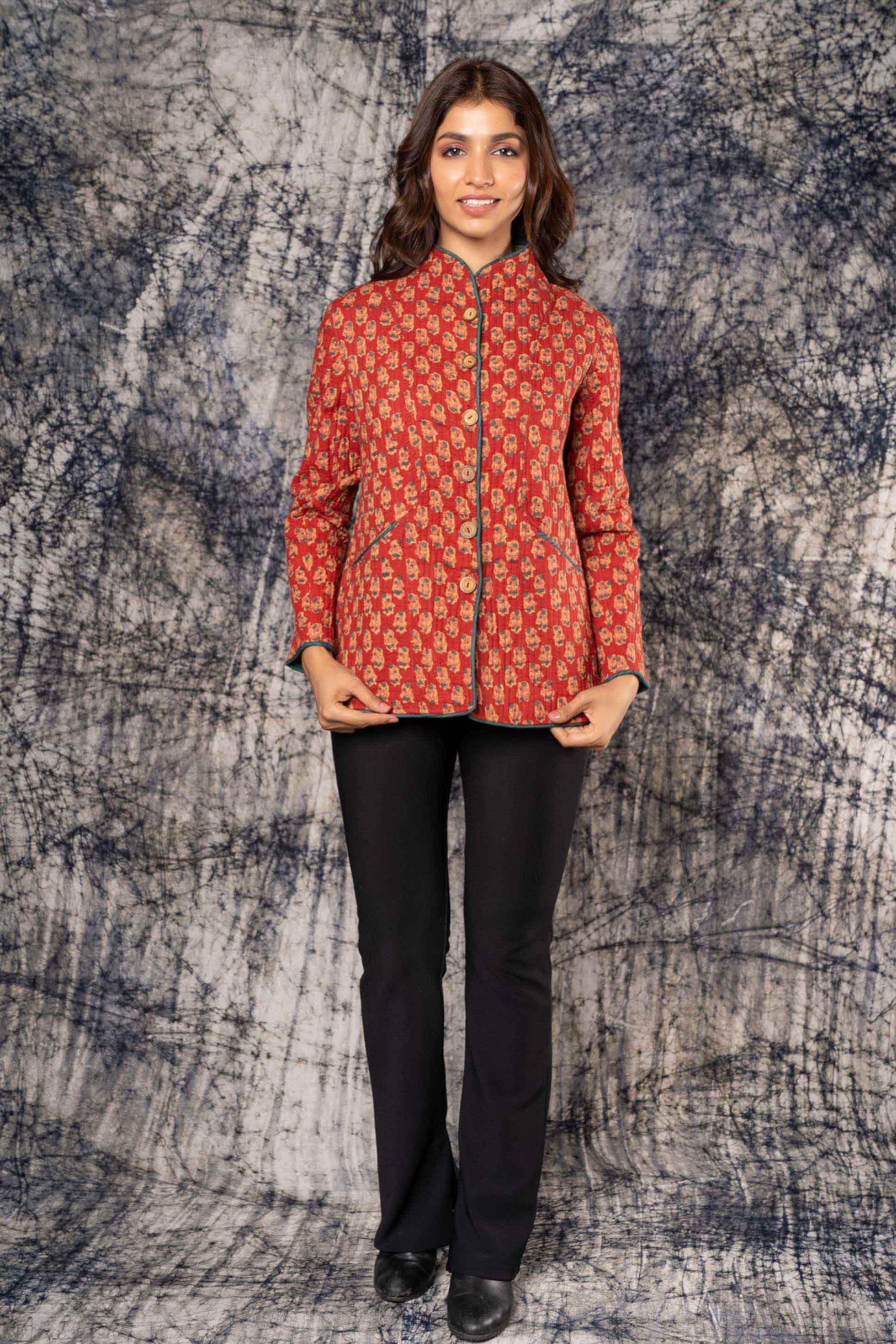 Red Block Printed Cotton Quilted Jacket