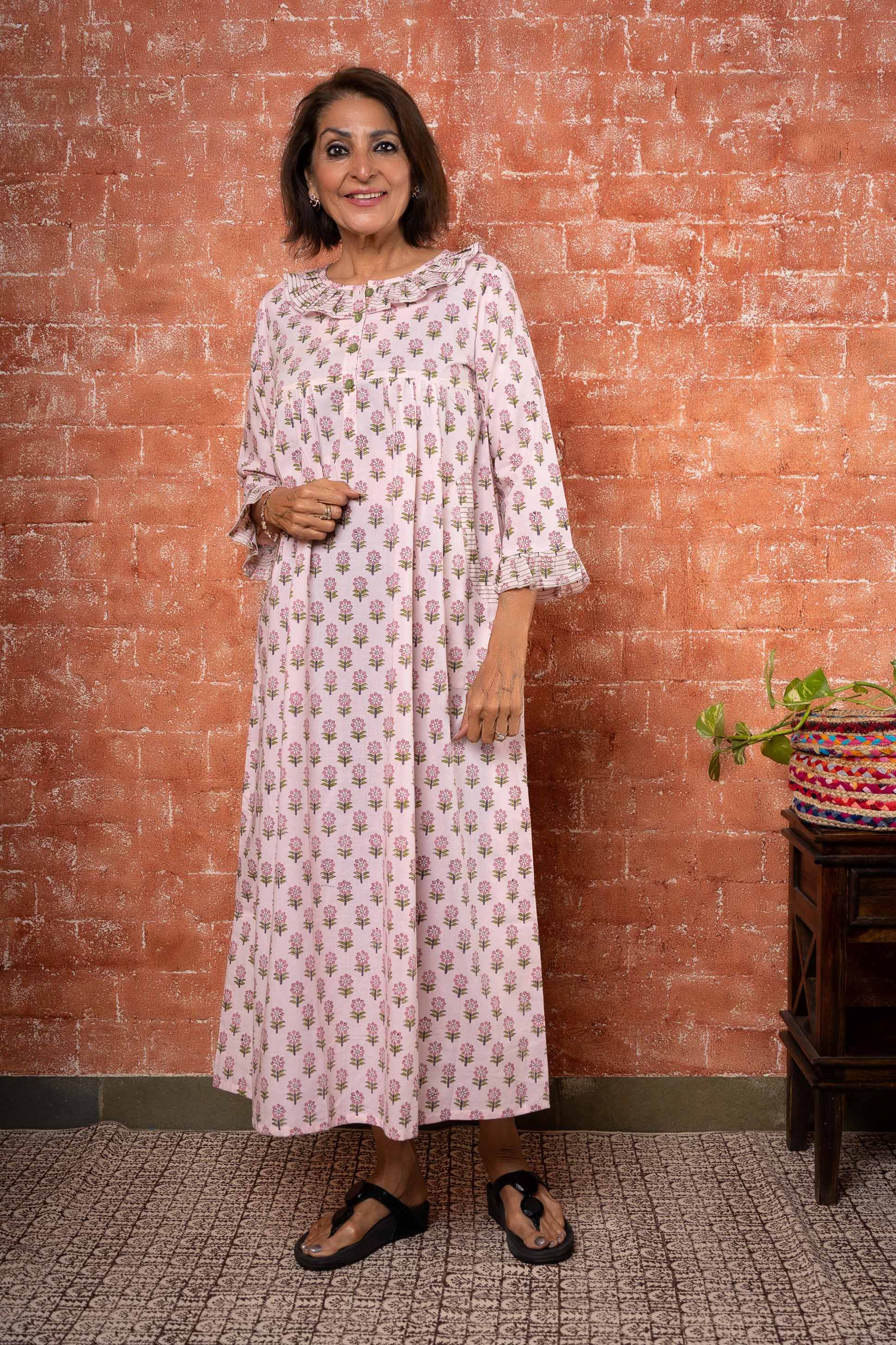 Quartz Pink Block Print Maxi Gown