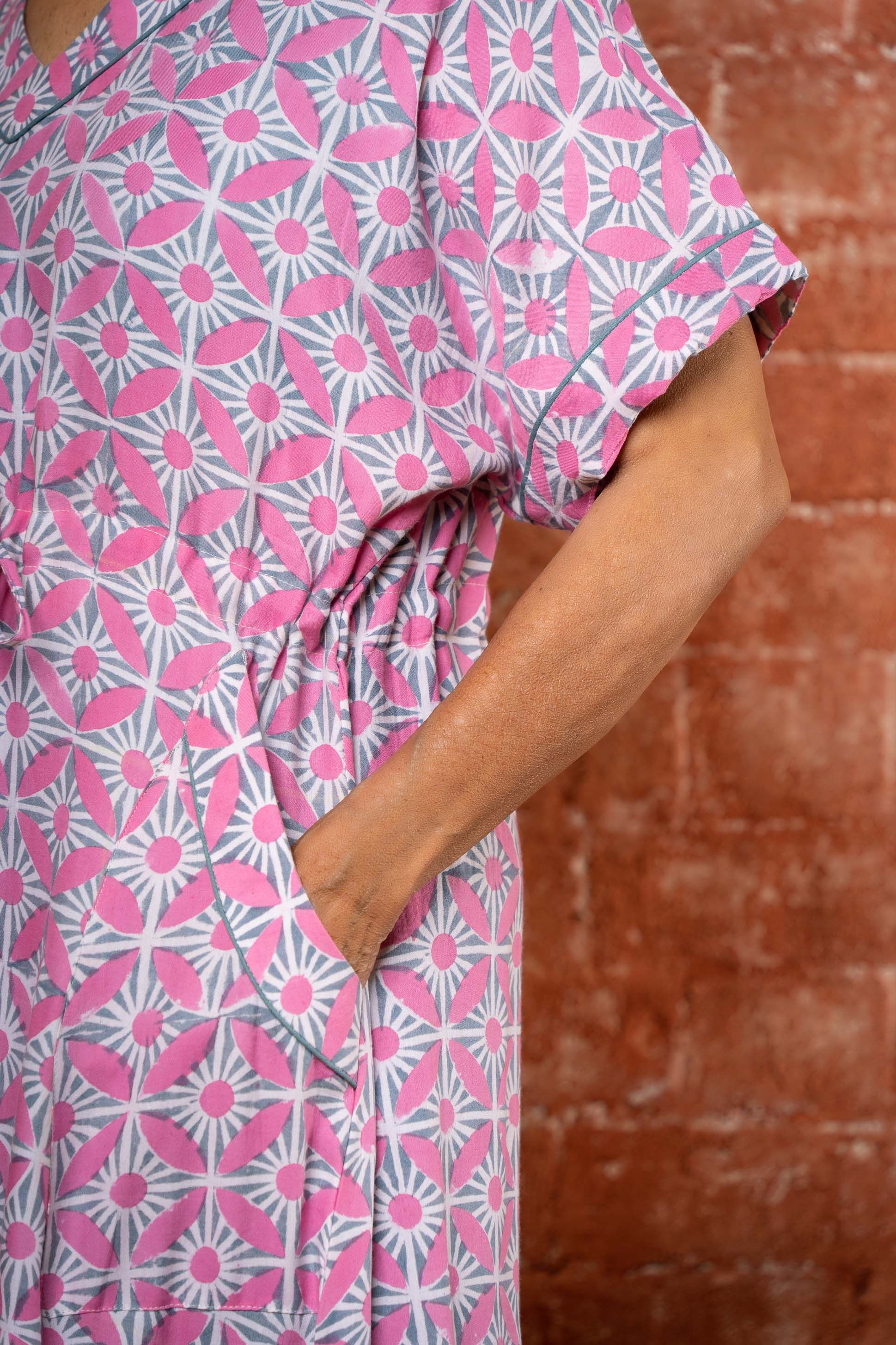 Pink Grey Block Print Kaftan Night Gown