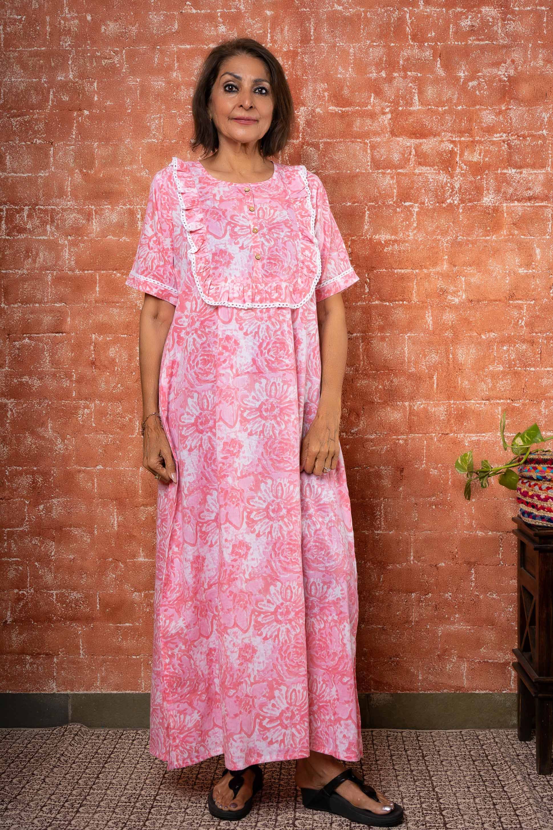 Pink Block Printed Night Gown
