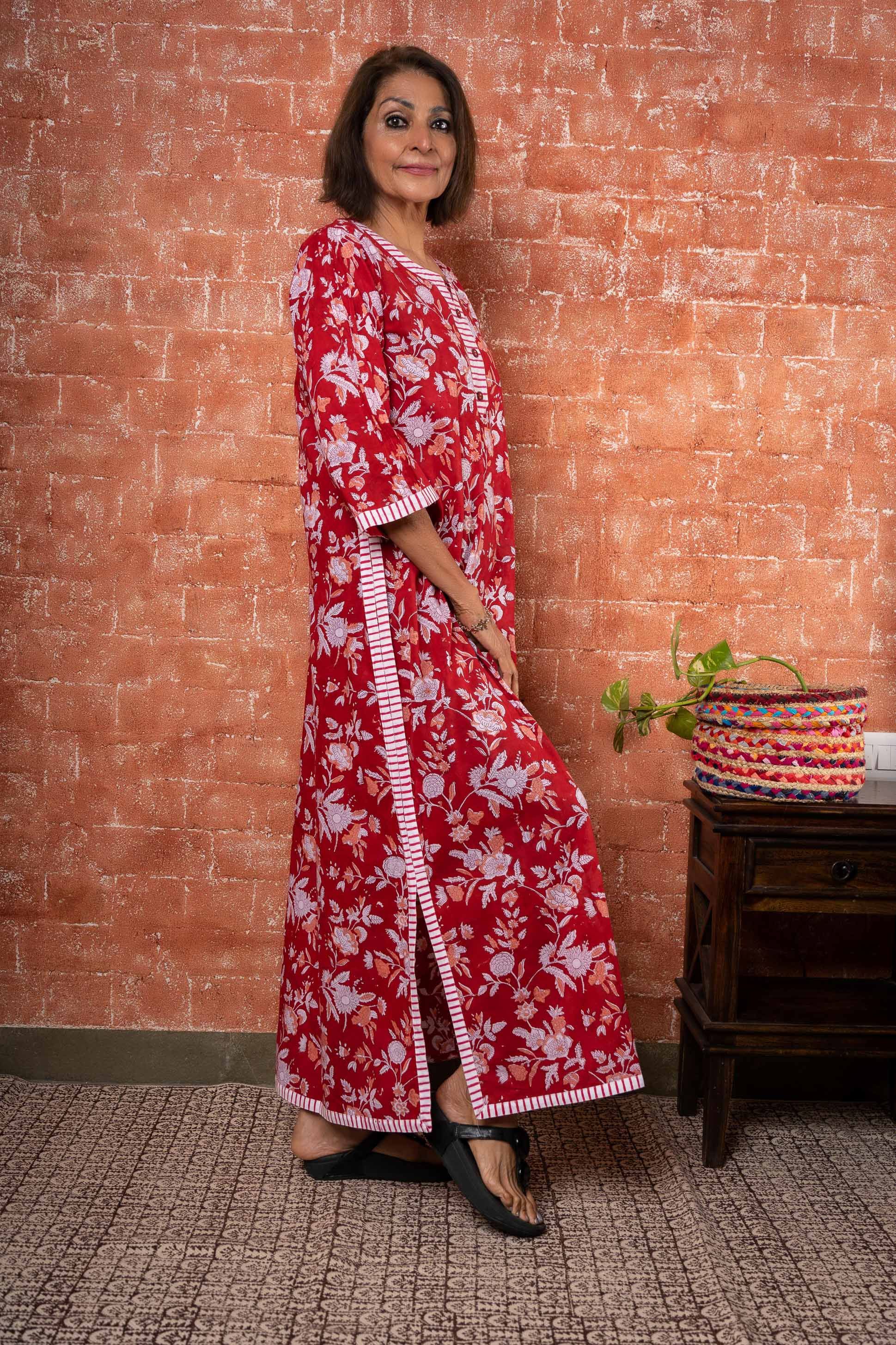 Red Block Printed Night Gown