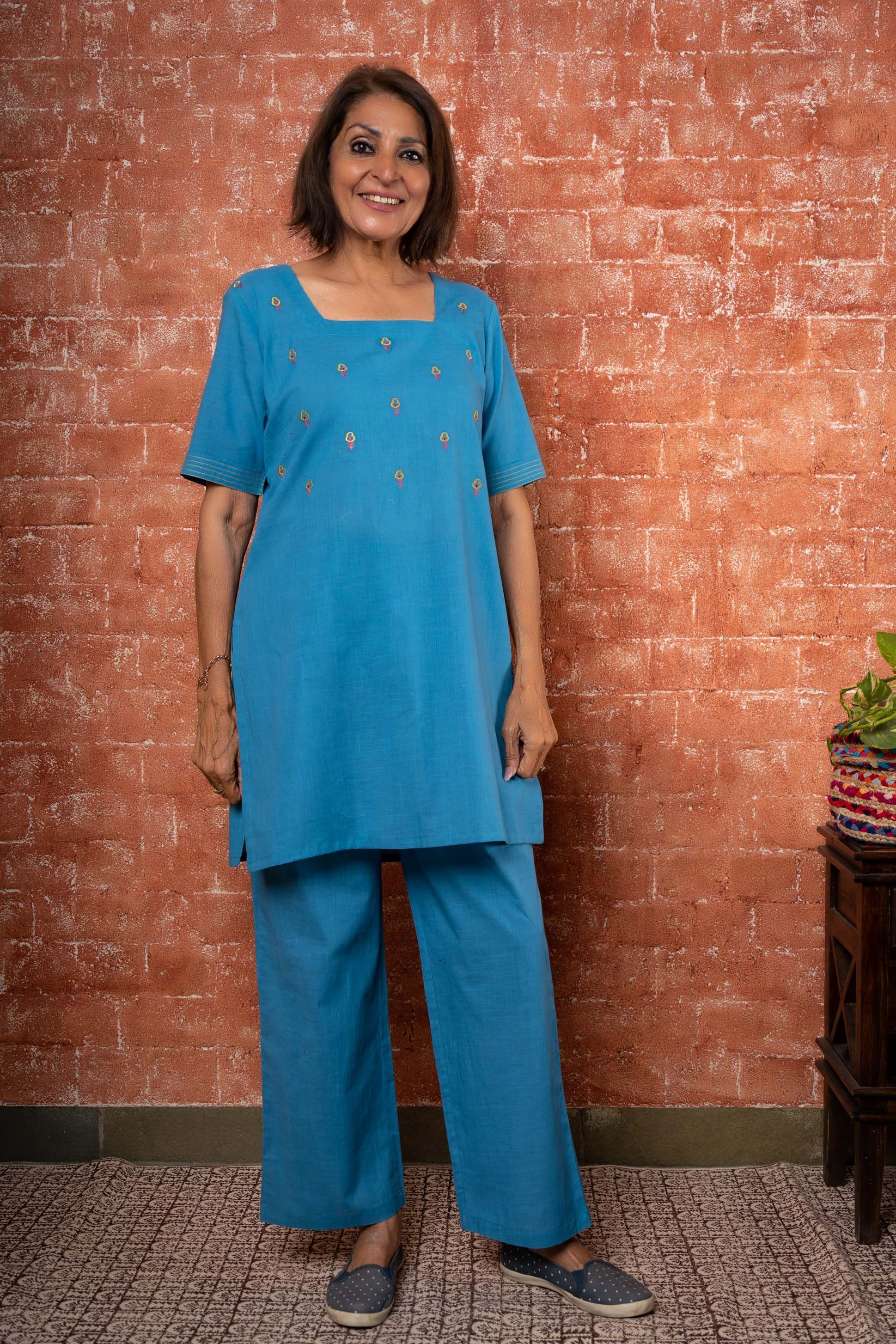 Blue Embroidered Lounge Set