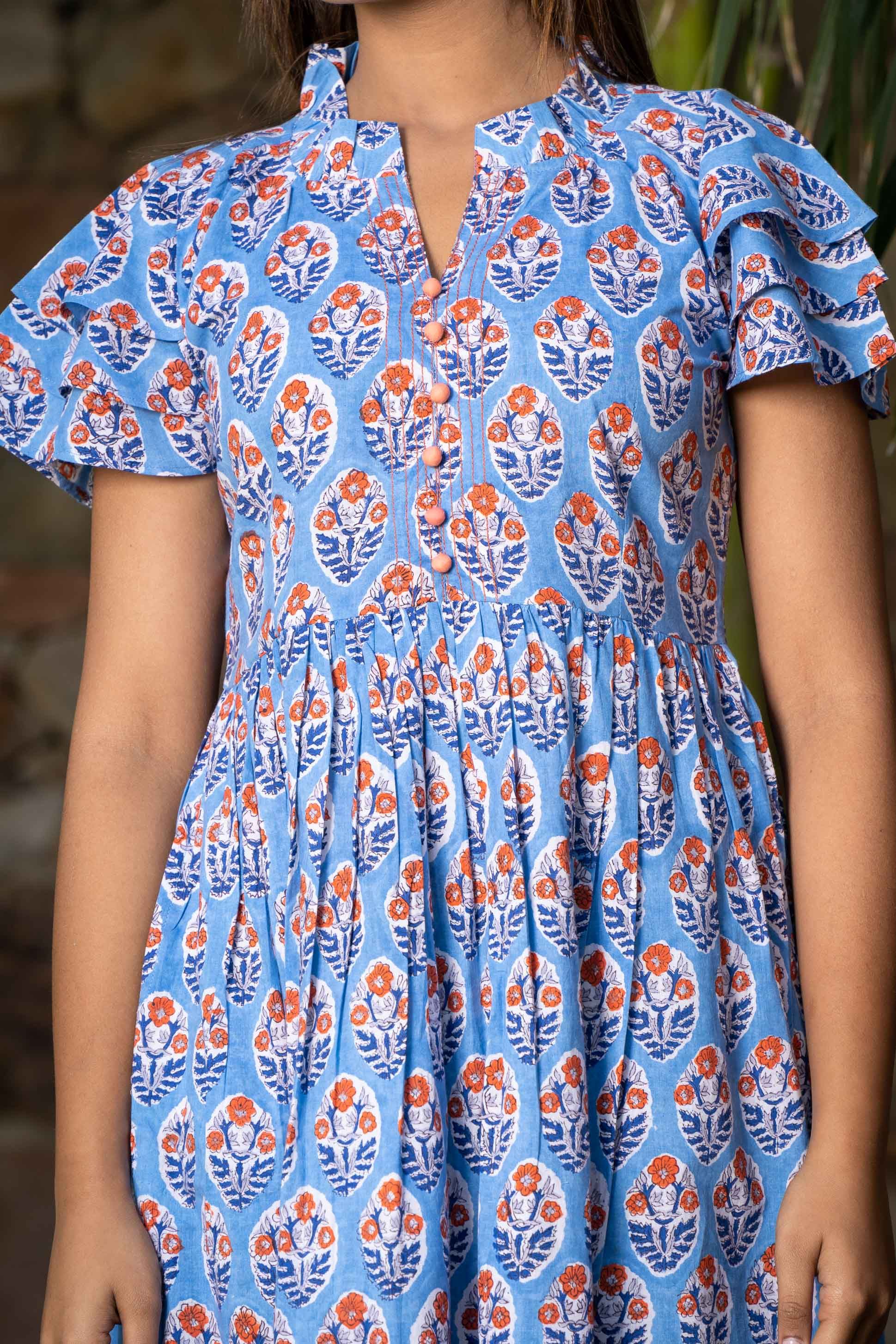 Blue Block Printed Dress