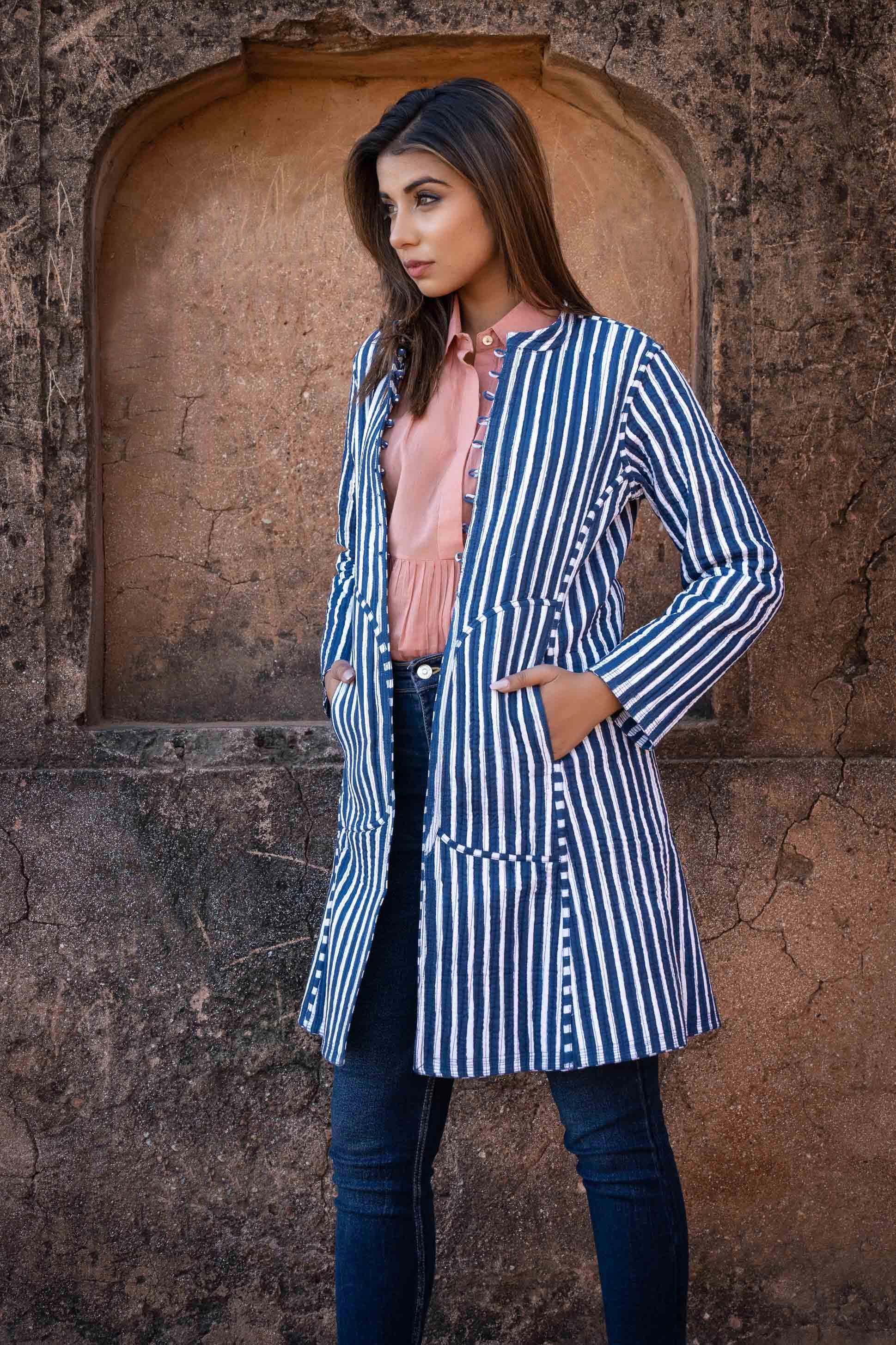 Blue White Block Printed Reversible Quilted Coat