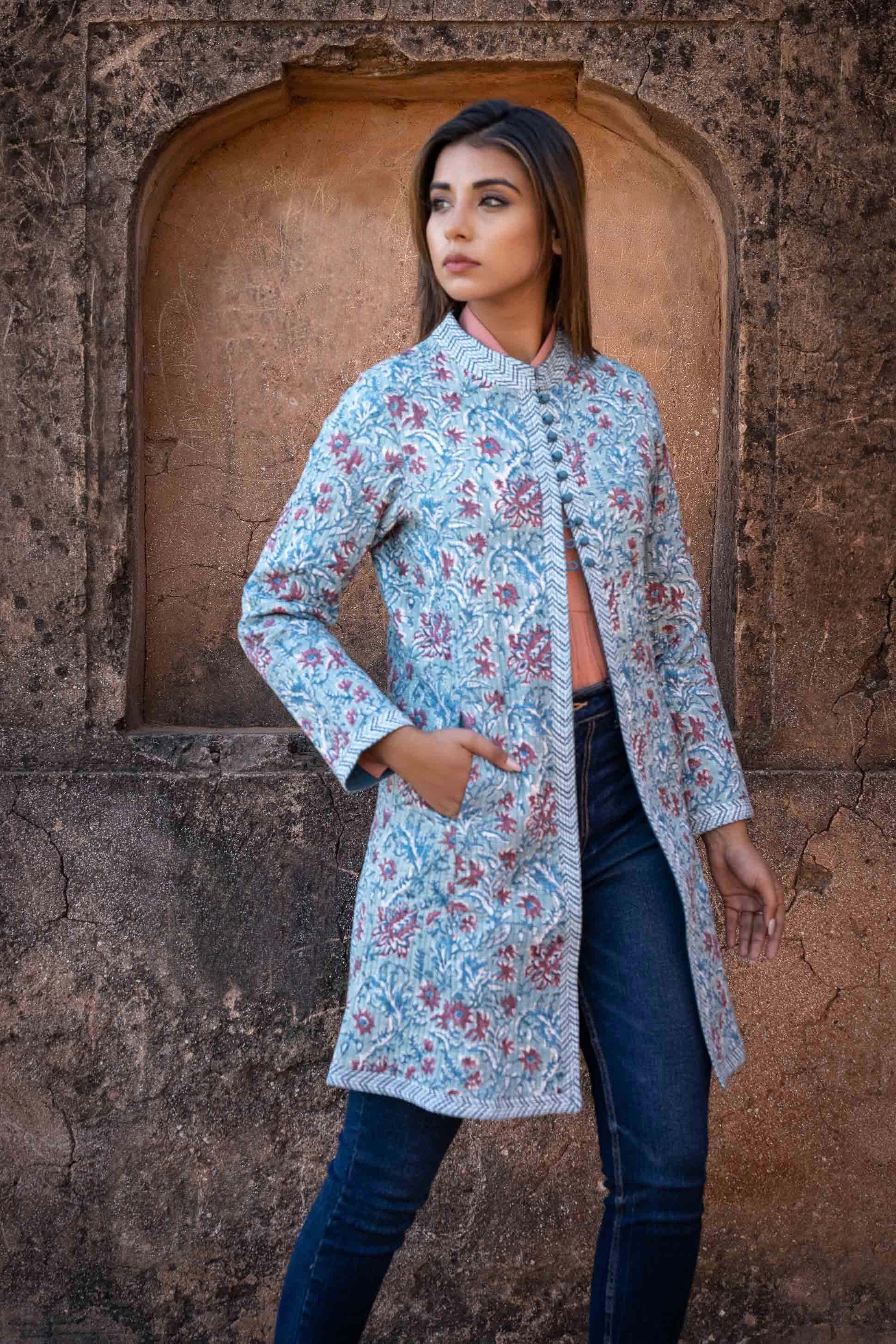 Blue Block Printed Quilted Coat