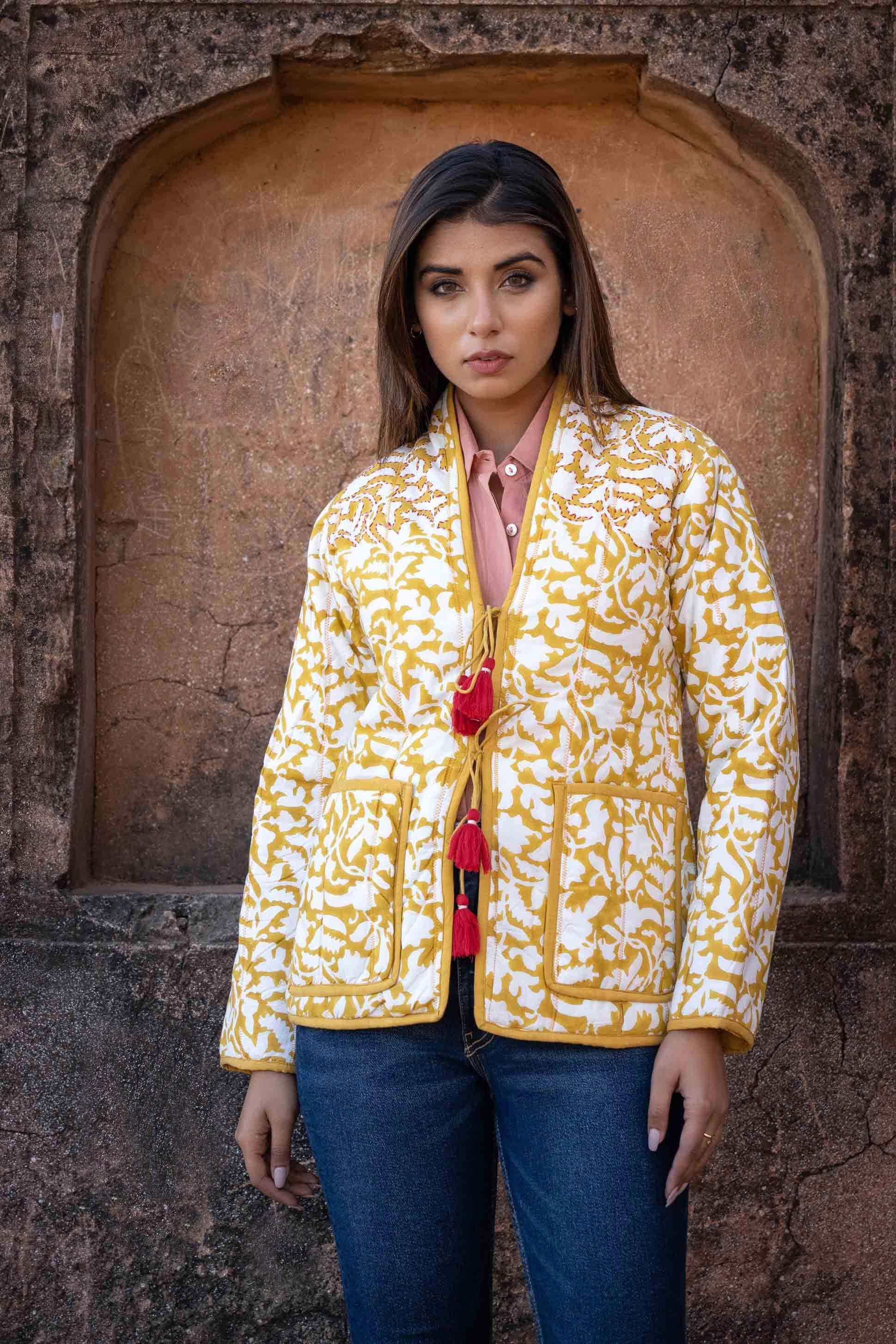 Mustard Block Printed Quilted Puffer Jacket