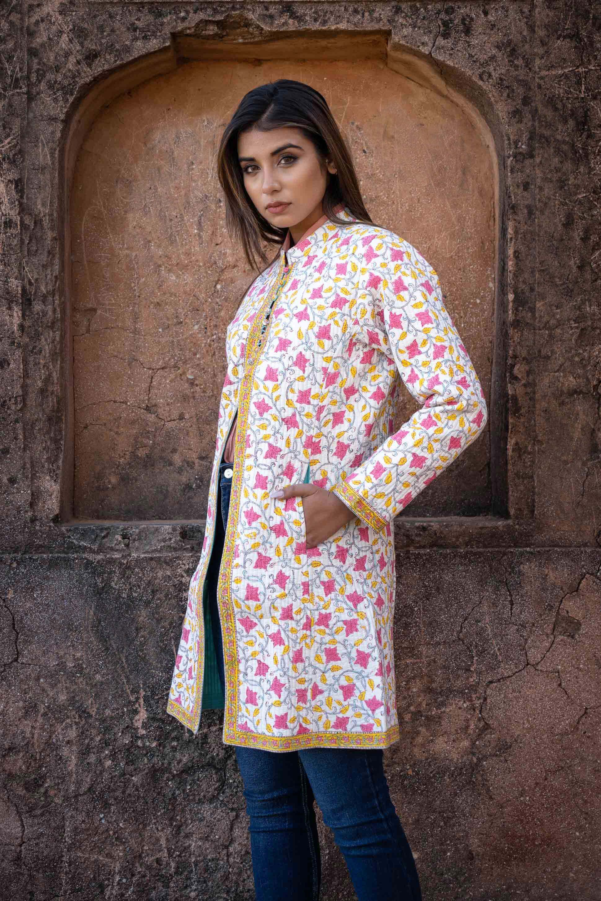 Yellow Pink Block Printed Quilted Coat