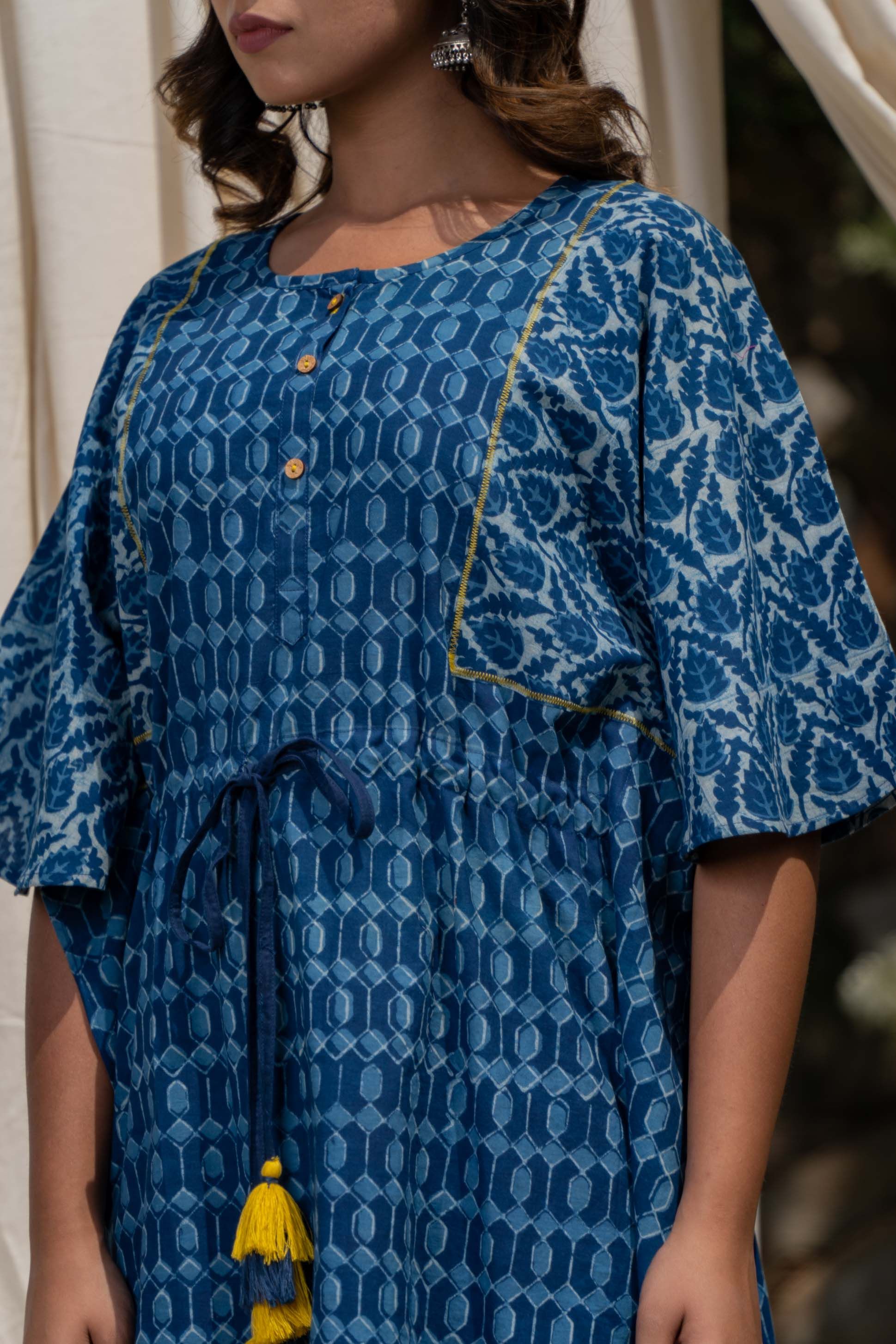 Indigo Block Print Kaftan Dress