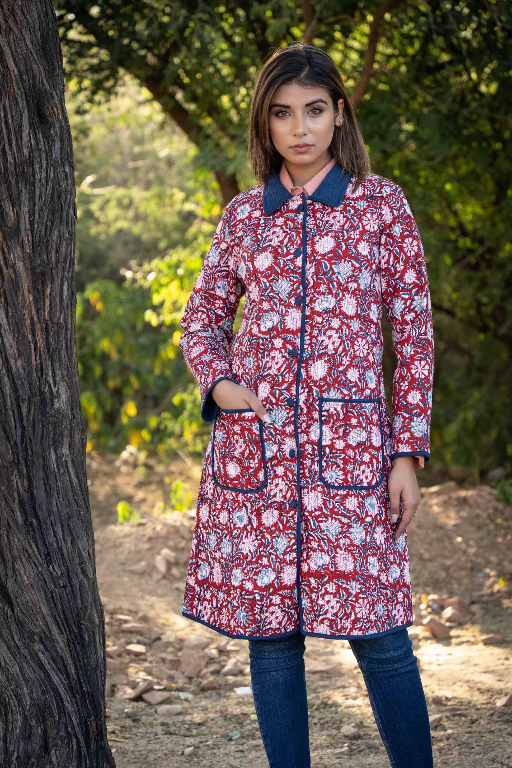 Red Blue Block Printed Reversible Quilted Coat