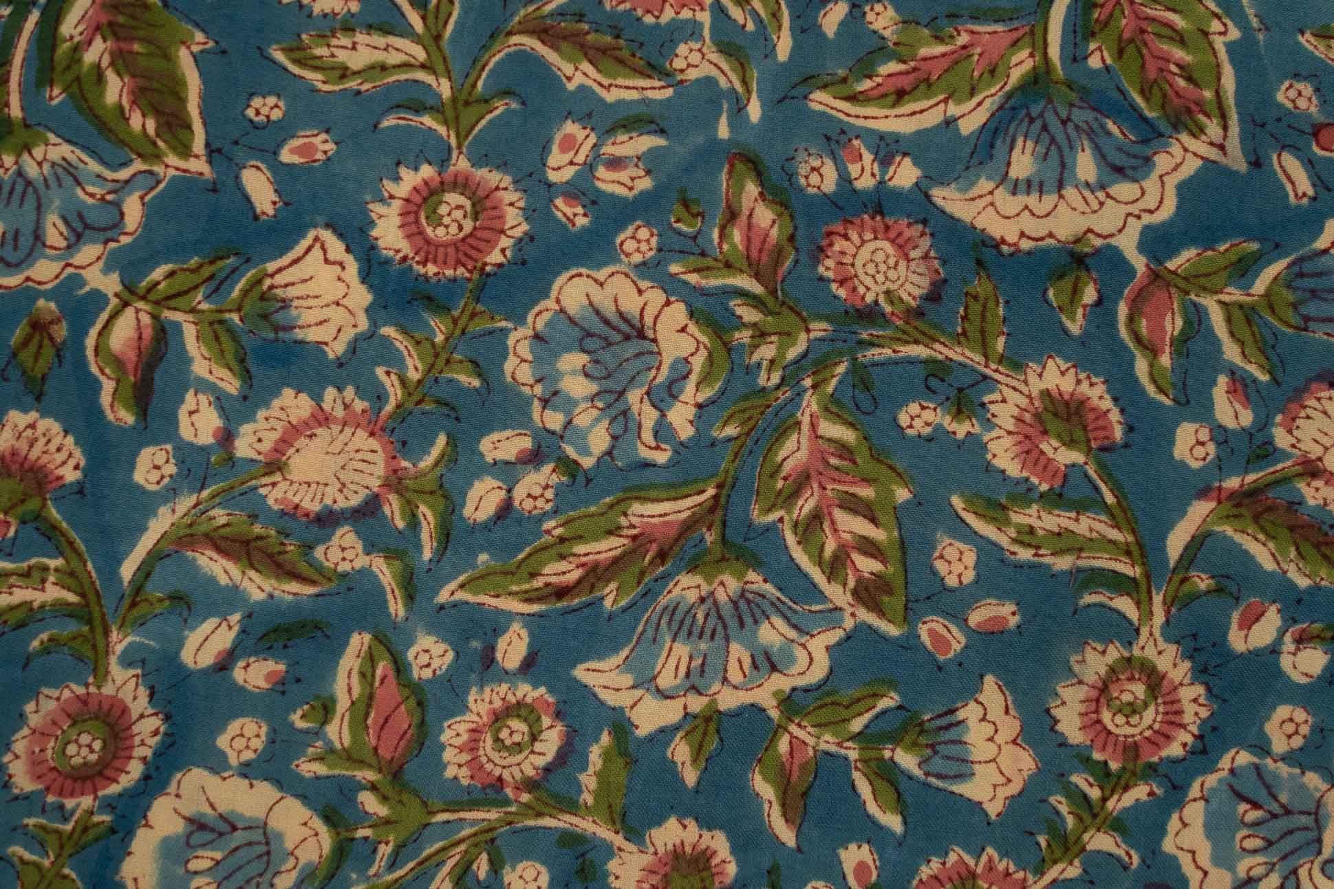Blue Floral Hand Block Printed Fabric