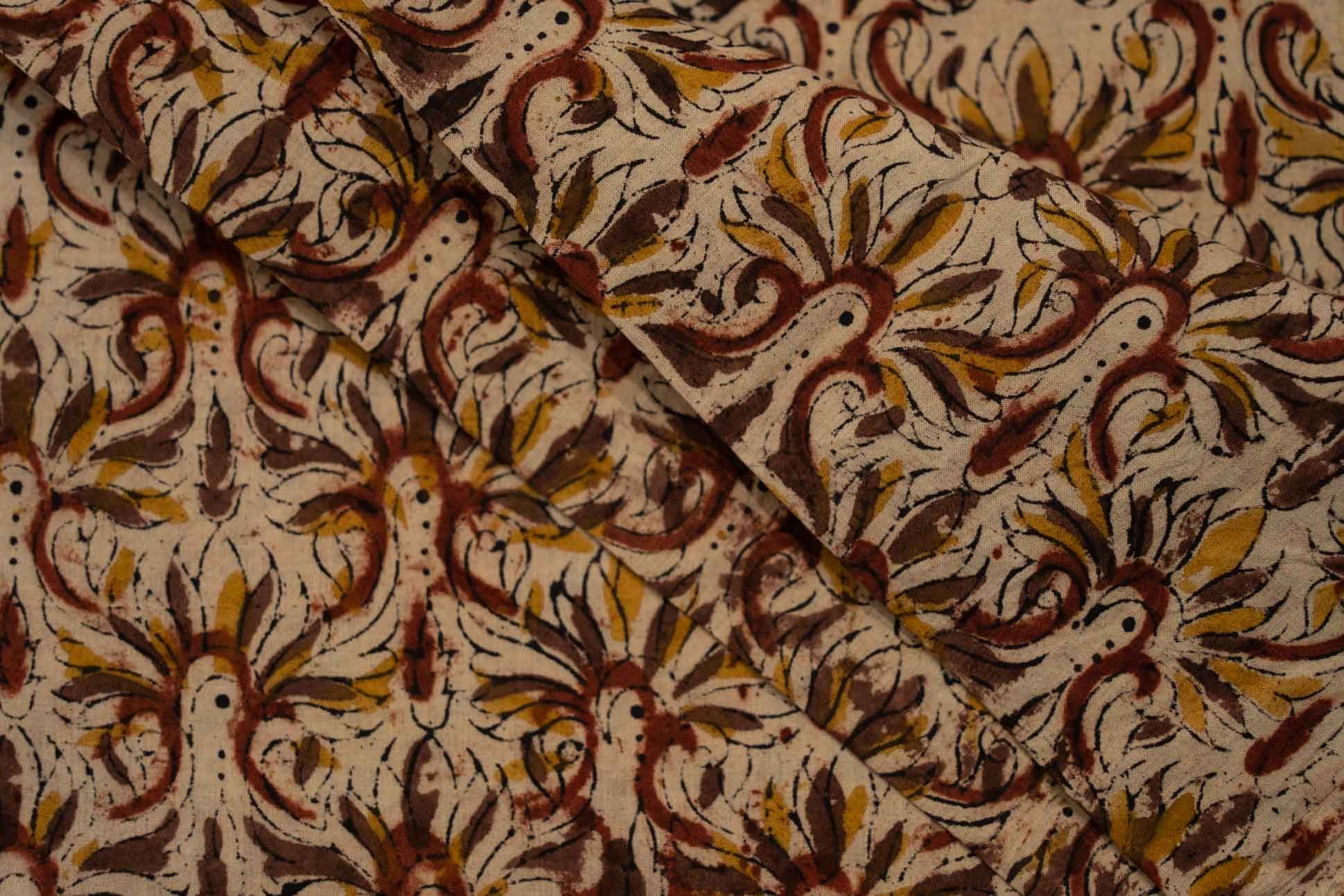 Beige Floral Kalamkari Cotton Fabric
