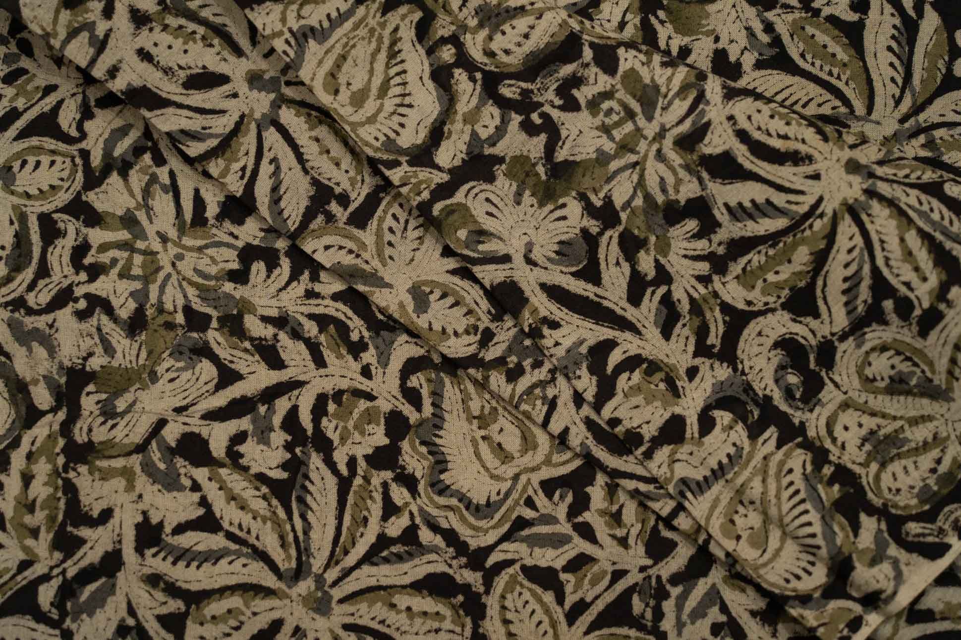 Black Floral Kalamkari Block Printed Cotton Fabric