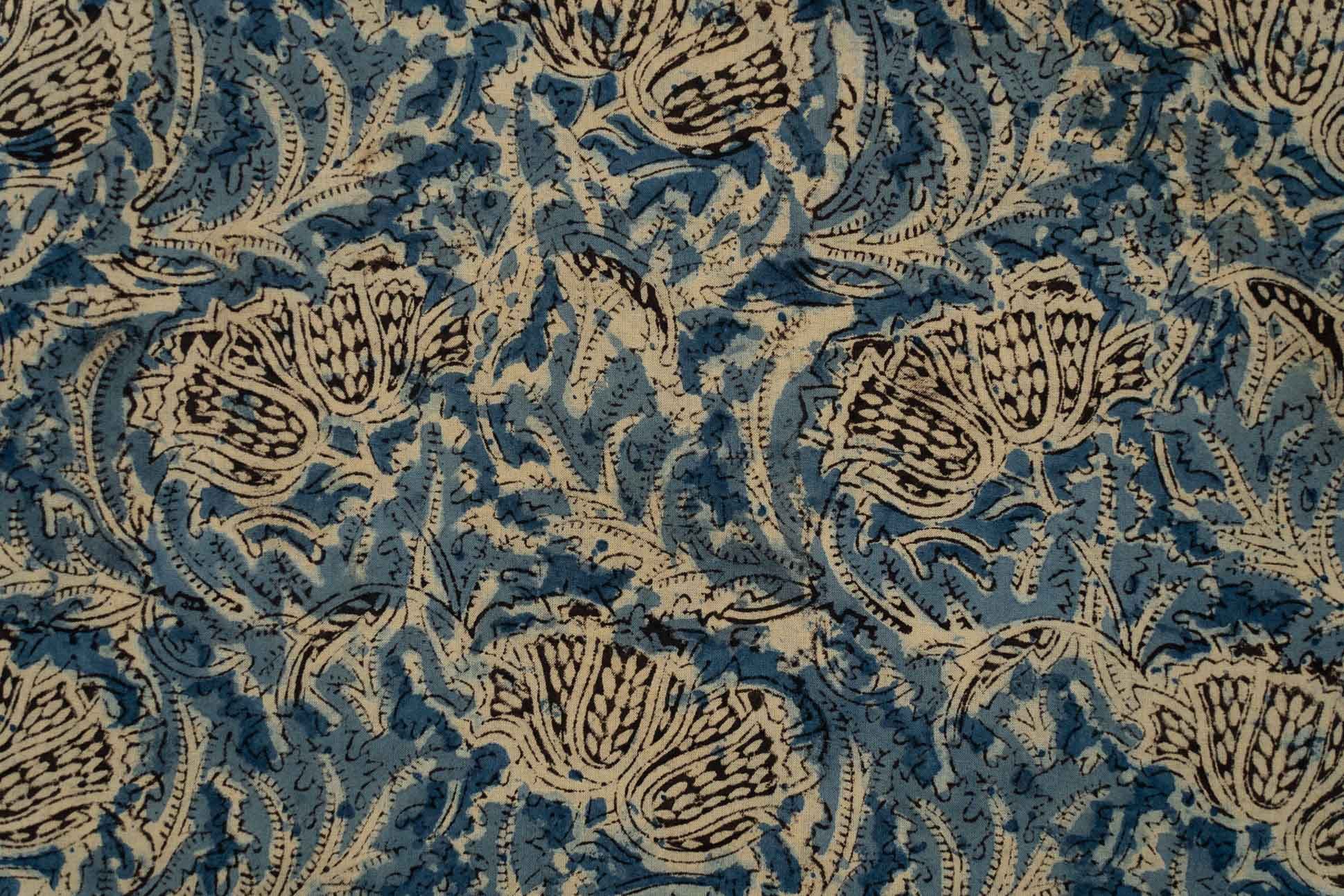 Blue Floral Kalamkari Block Printed Cotton Fabric