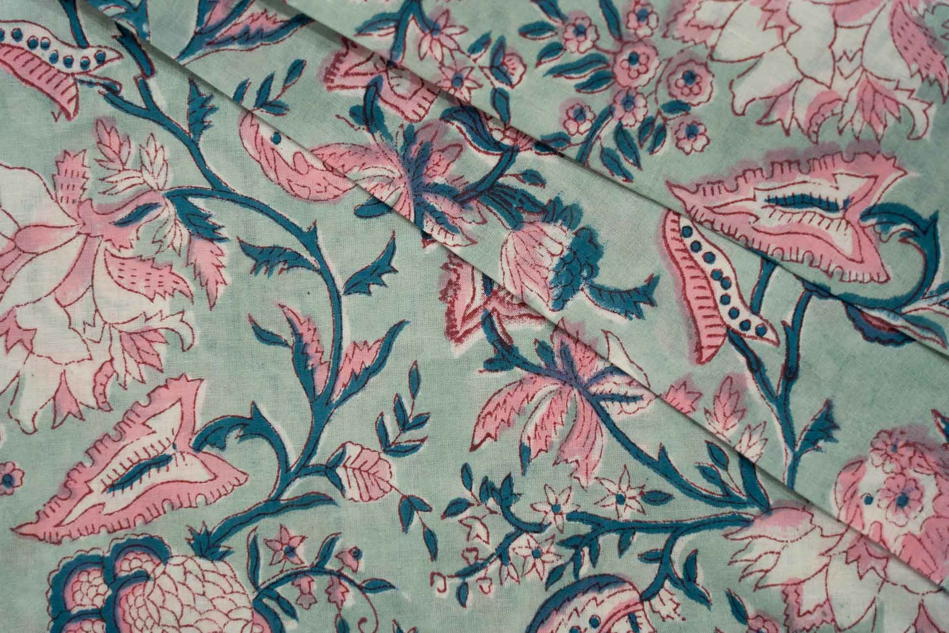 Blue Pink Block Printed Fabric