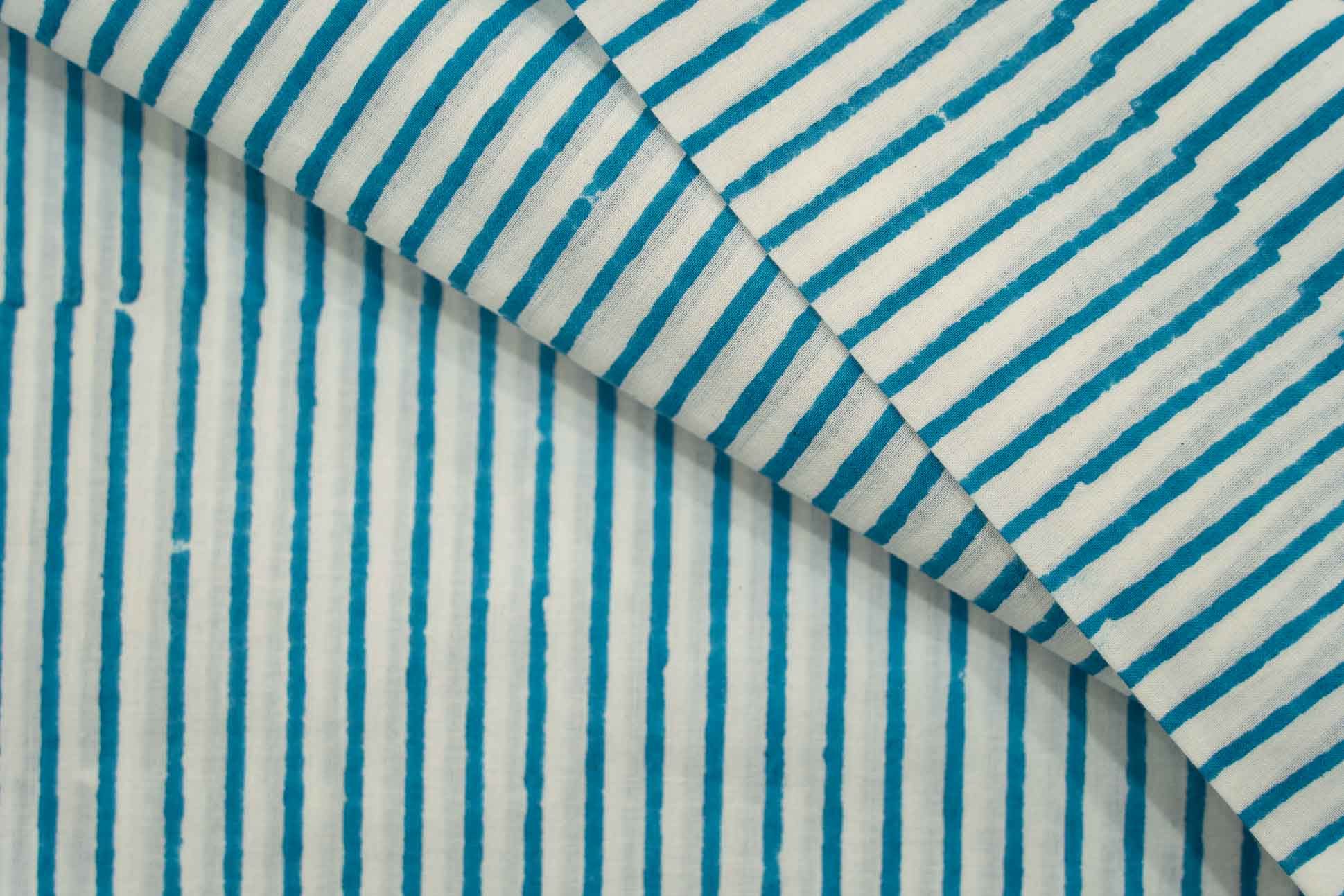 Blue Stripes Block Printed Cotton Fabric