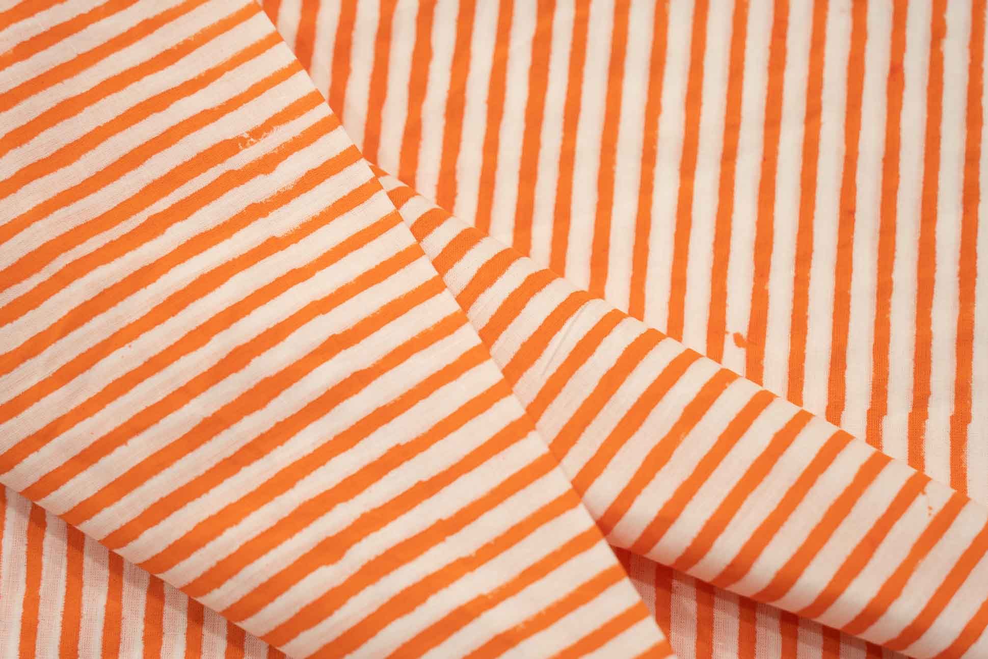 Orange Stripes Block Printed Cotton Fabric