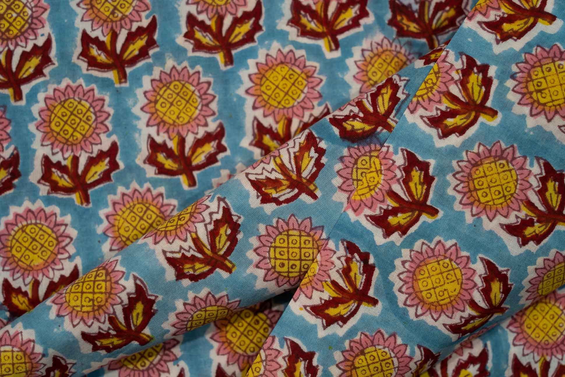 Blue Floral Block Printed Fabric